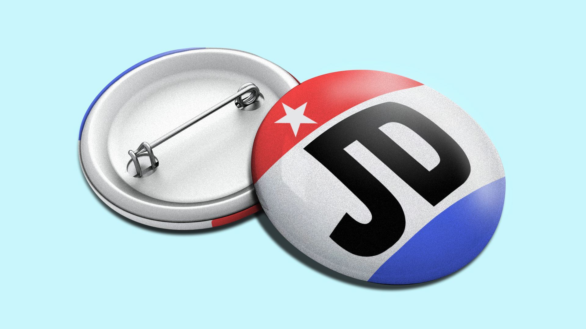 An illustration depicts a pair of campaign buttons for author and venture capitalist J.D. Vance.