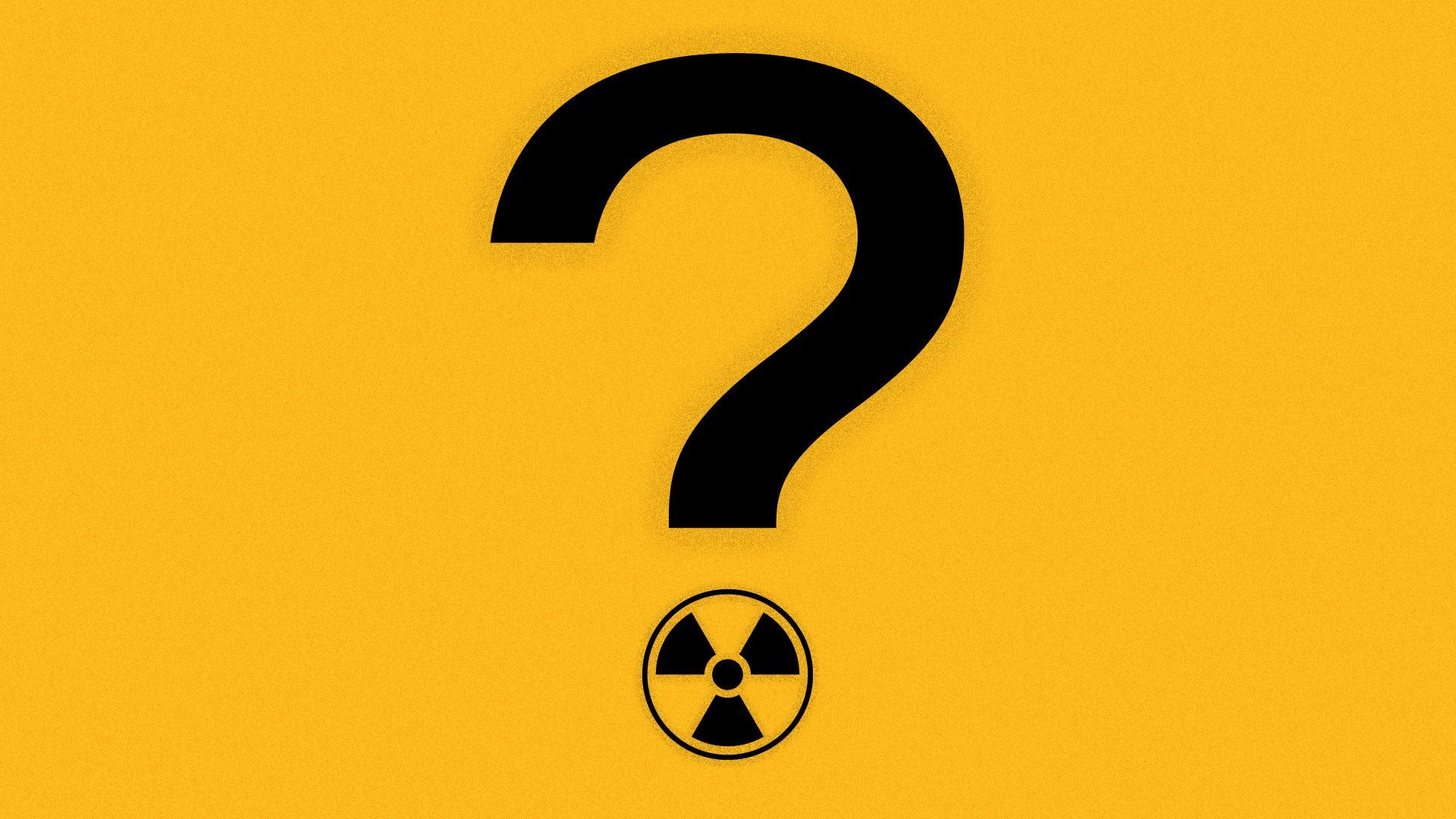 Illustration of a question mark with a nuclear symbol as the dot on the bottom. 