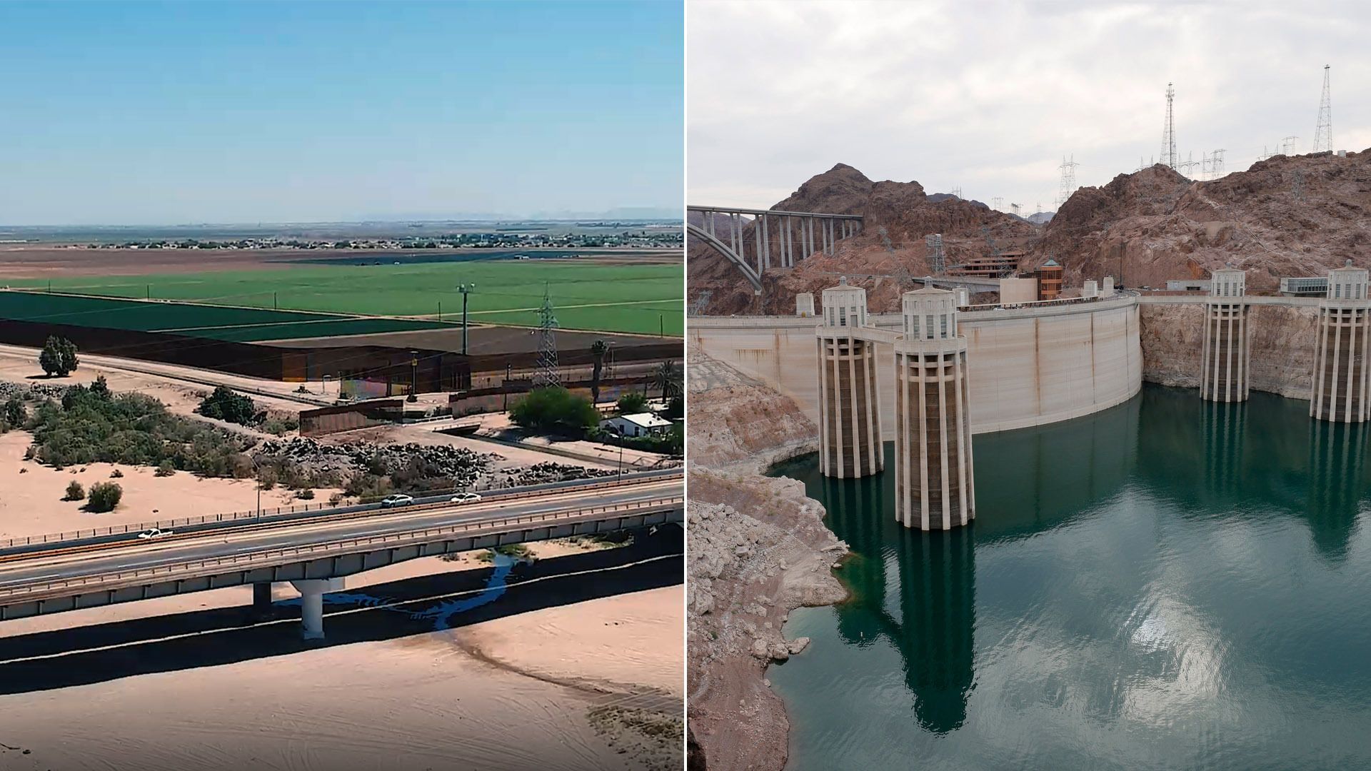 Side by side photos of water levels of the Colorado River as it flows through Mexico and at the Hoover Dam.