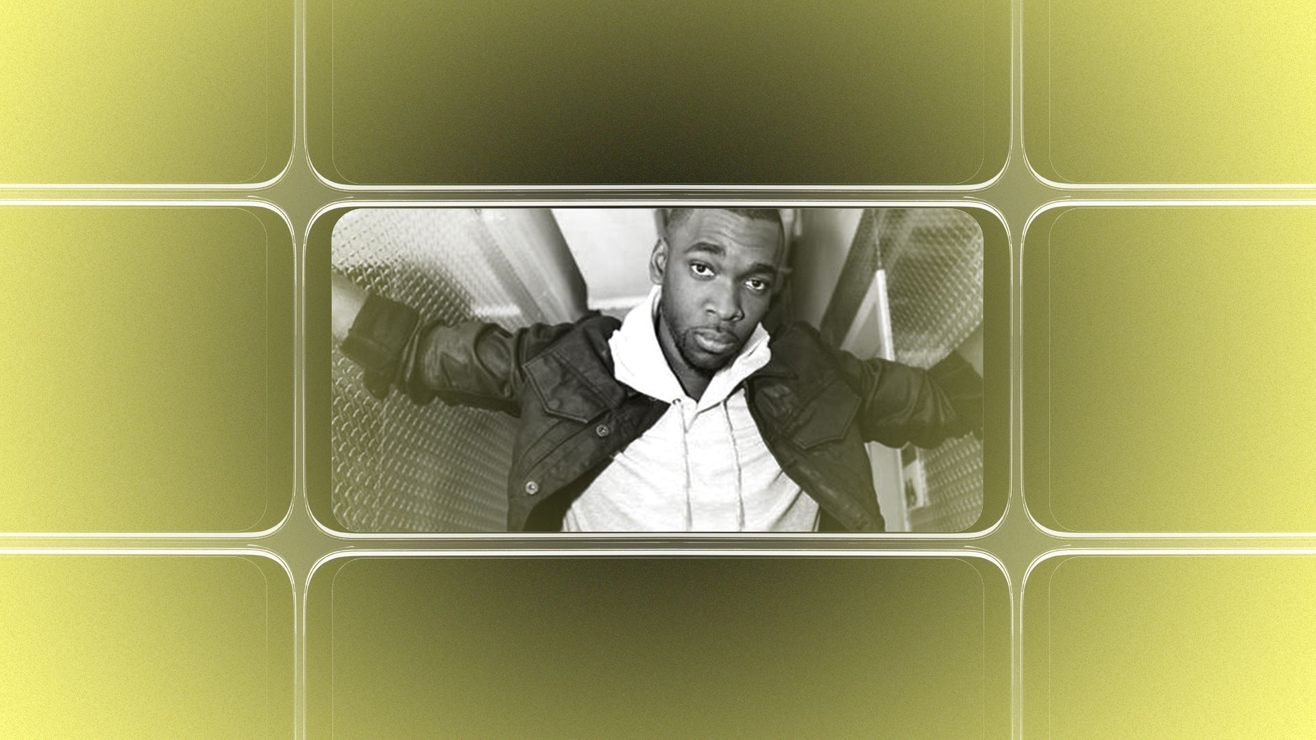 Photo illustration of a grid of smartphone screens, the center one showing an image of Jay Pharoah.