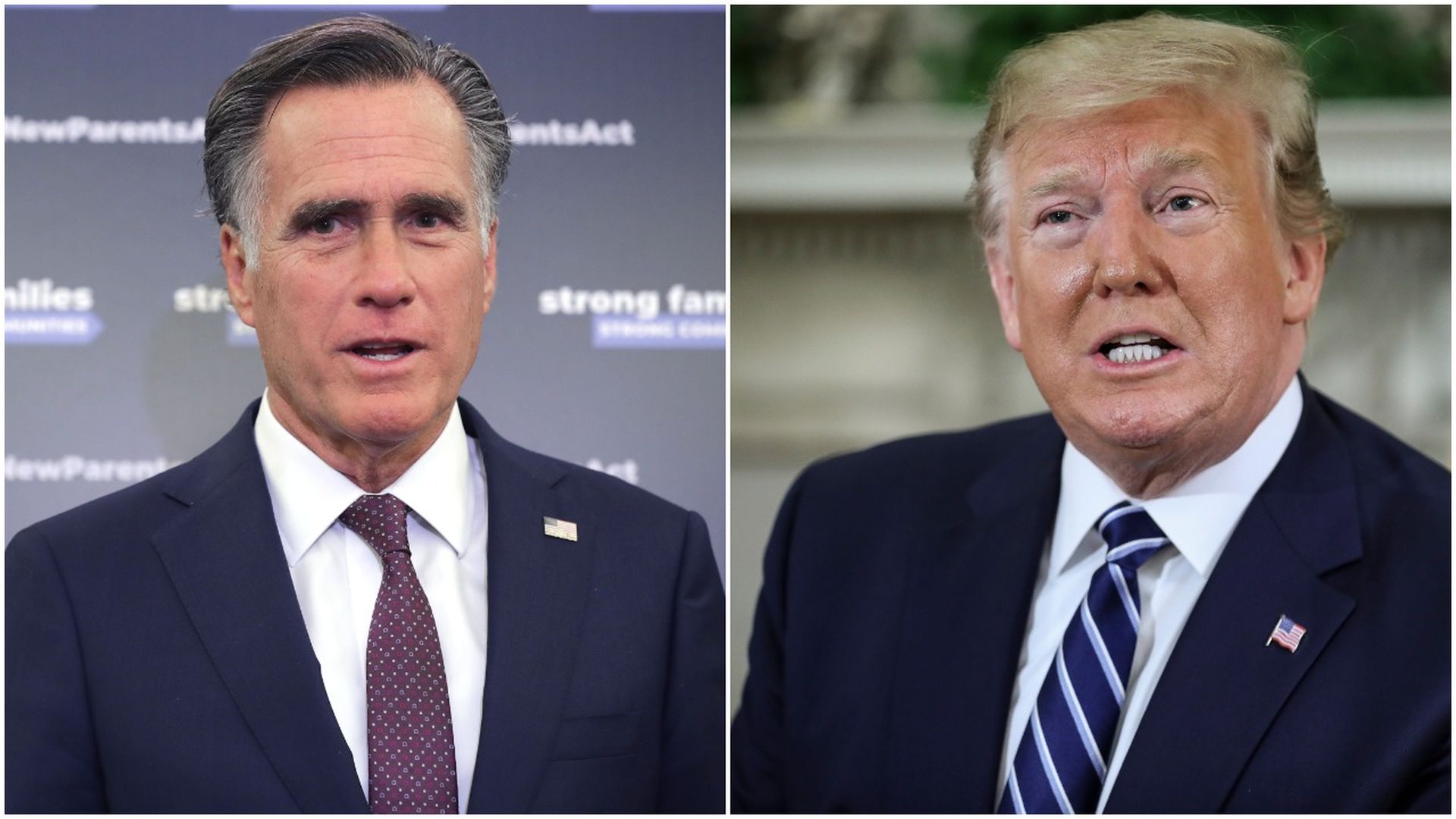 This image is a split screen of Mitt Romney and Trump.