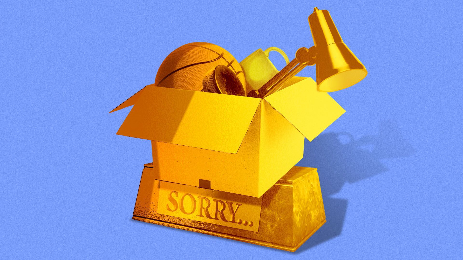 Illustration of a trophy that reads "sorry" with a box on top filled with desk and sports iteems