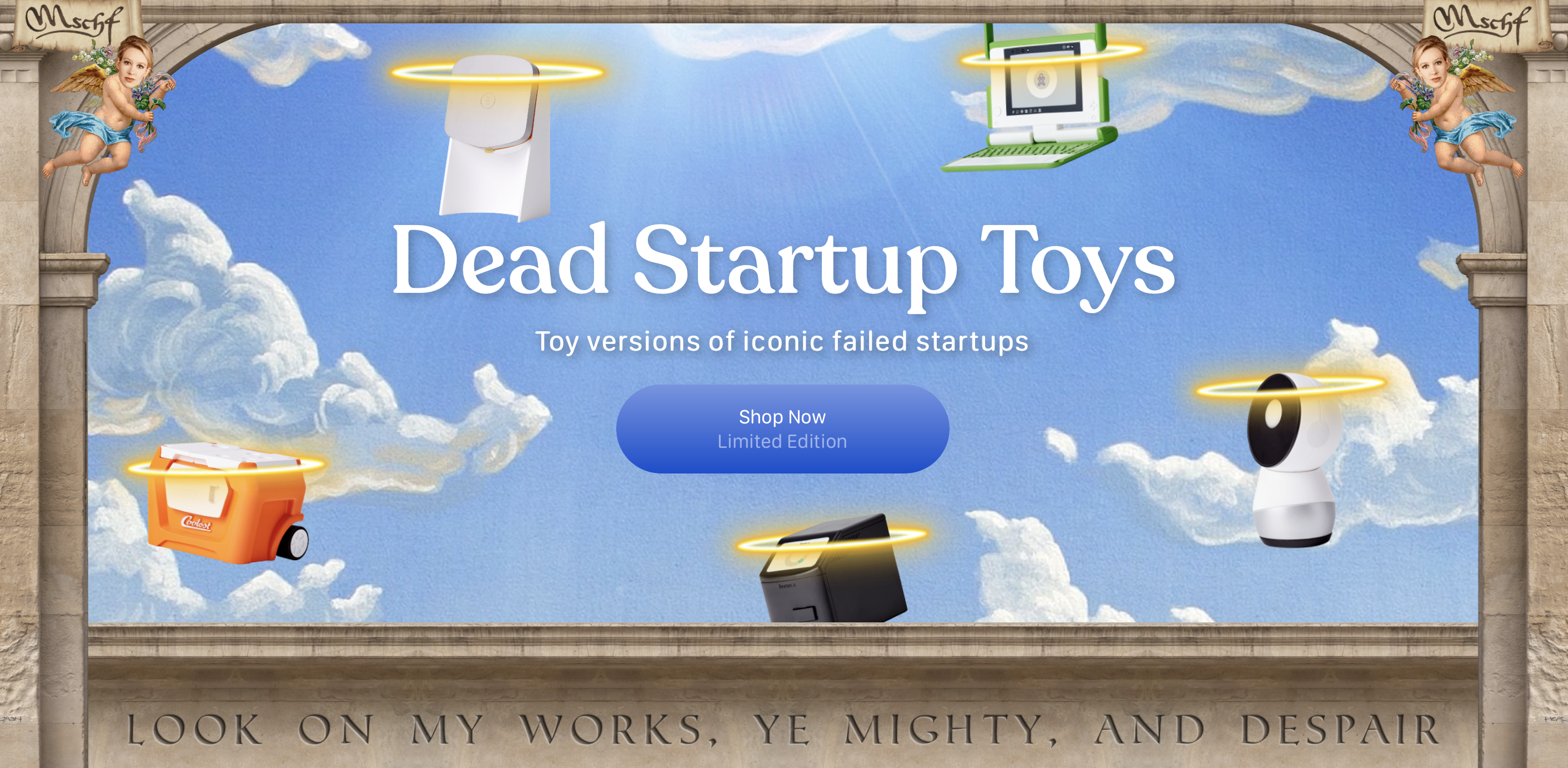 A screenshot of the homepage for Dead Startup Toys, which sells toy versions of failed startup products.