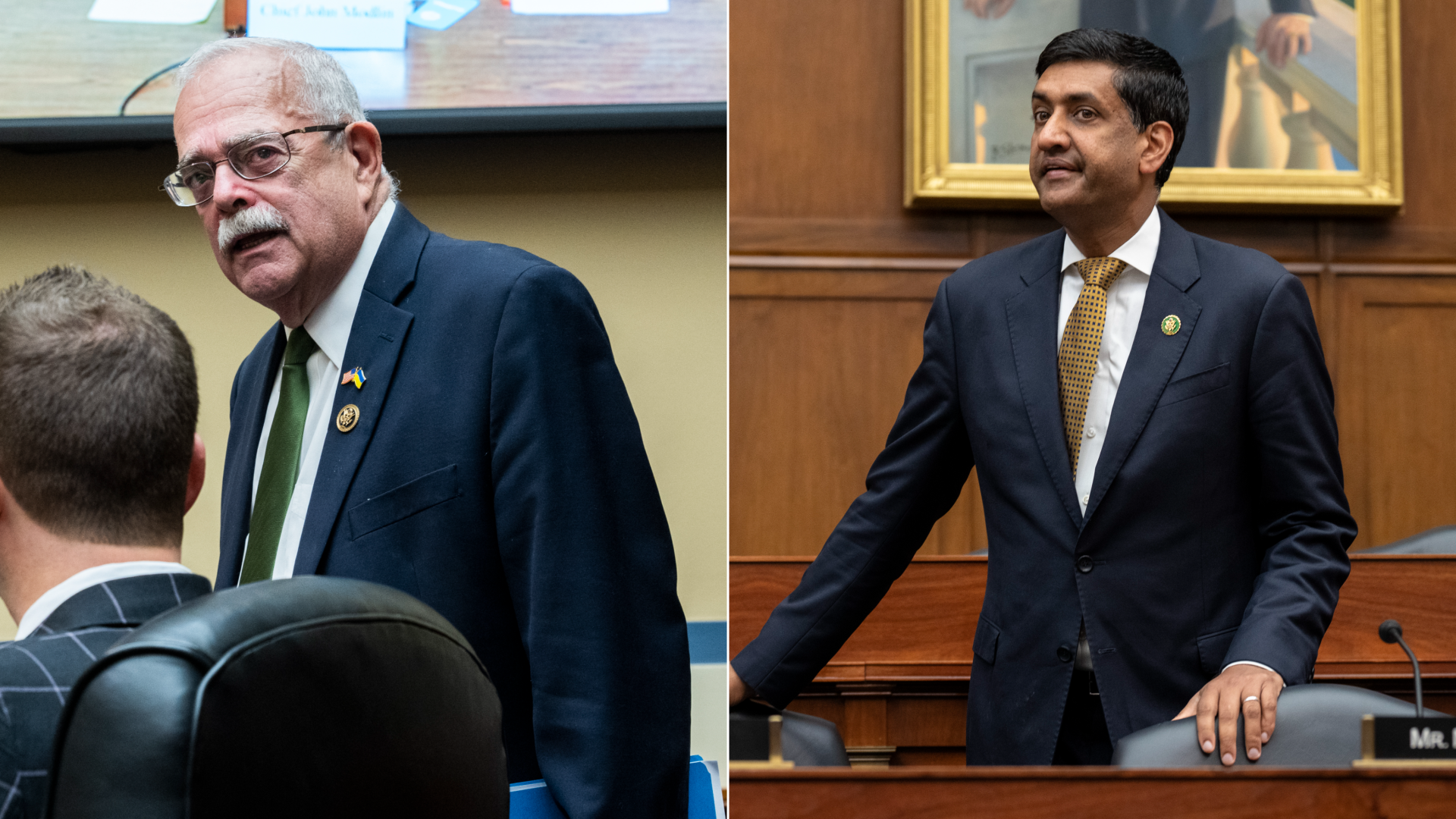 Reps. Gerry Connolly and Ro Khanna, both wearing blue suits and standing in committee rooms.