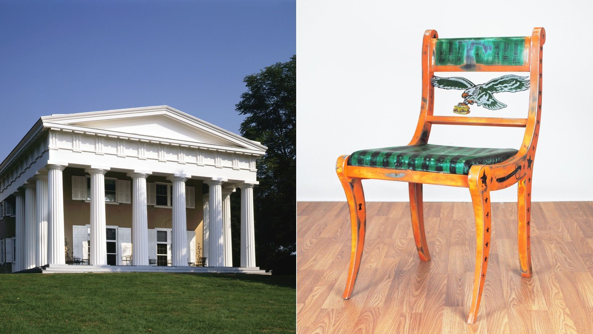 Split image: Left shows a white Greek Revival mansion with tall columns and green lawn; right shows an orange wooden chair with green seat and an Eagles design on the backrest.