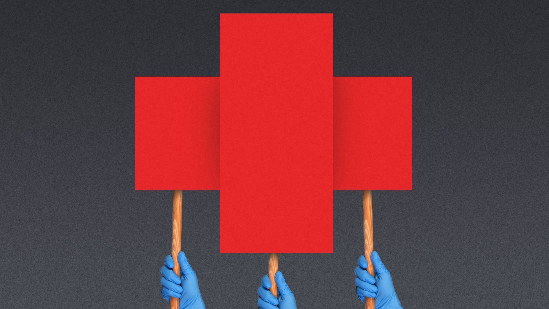 Illustration of hands in medical gloves holding red picket signs, forming a red cross symbol.