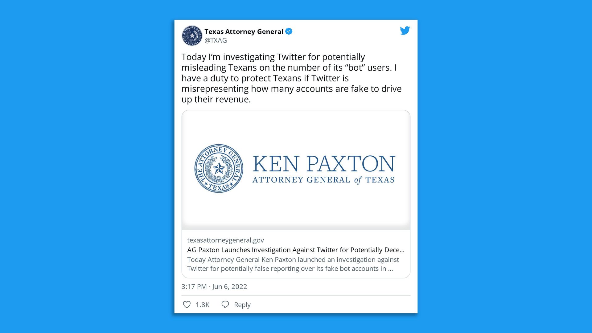 Ken Paxton announcement of Twitter investigation