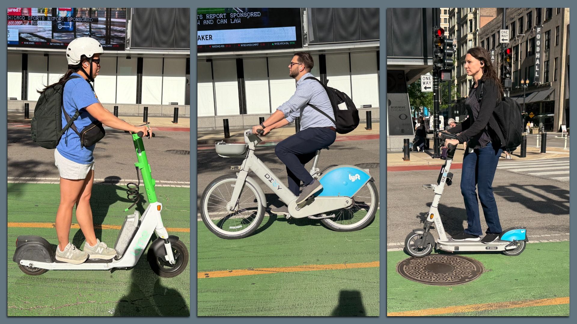 Three urban riders on micro-mobility devices: left a woman in a blue T-shirt and white helmet on a bright green scooter; middle a man in glasses riding a white Lyft bike; right a woman with a black backpack on a white scooter, all on a city street with a green bike lane.