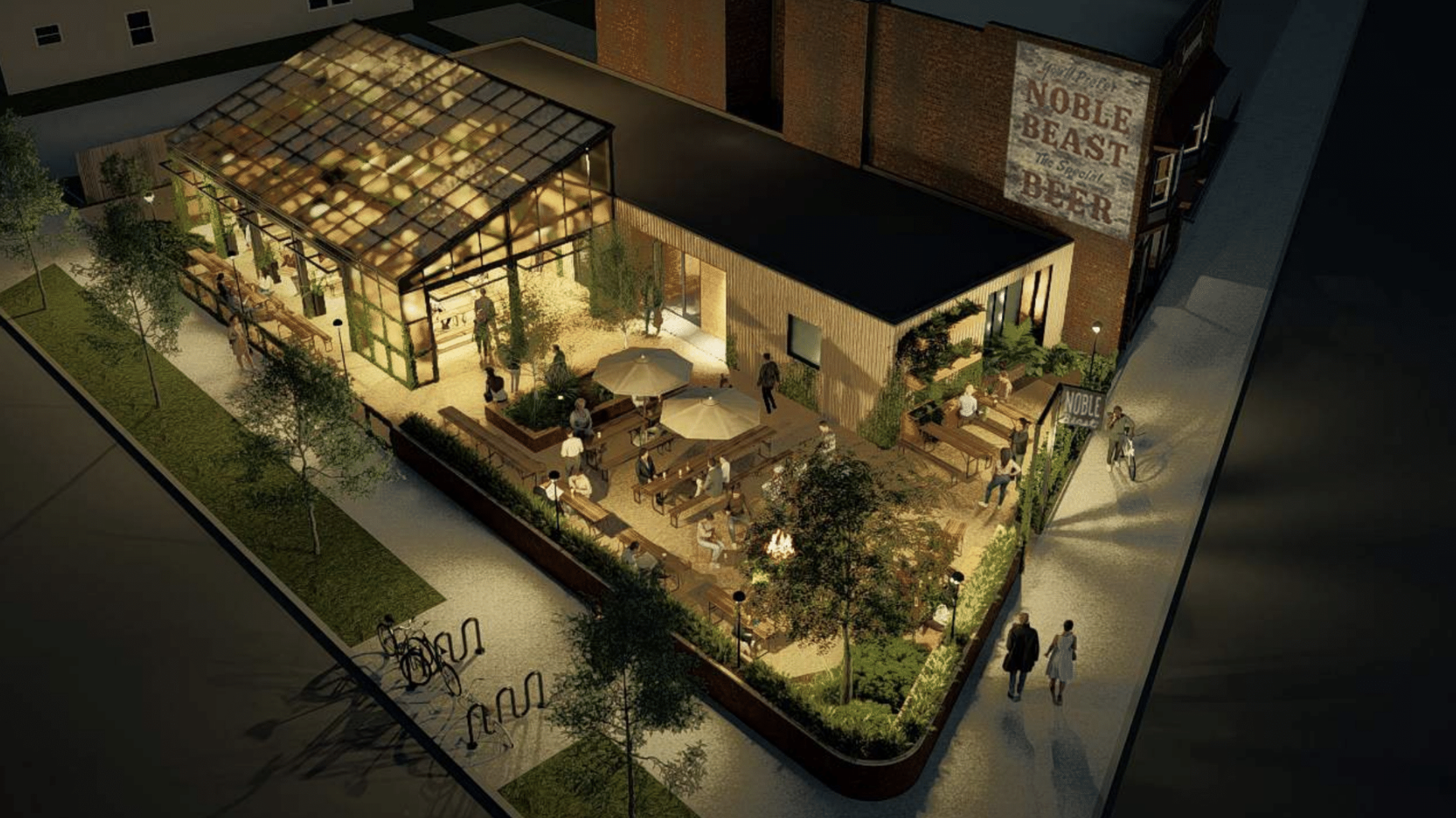 Architect's rendering of a beer garden on a street corner