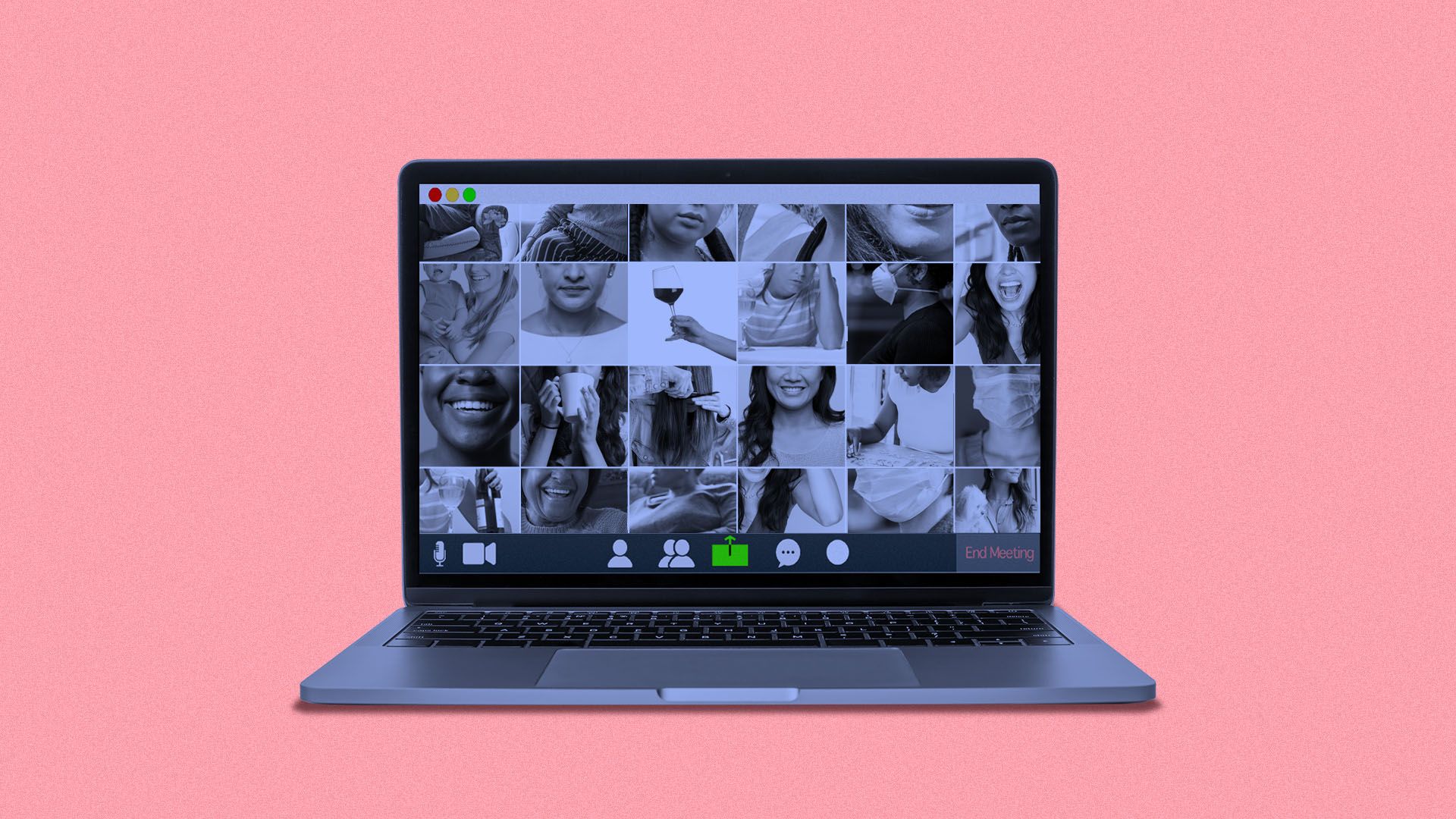 Illustration of a laptop open to zoom with dozens of screens featuring women