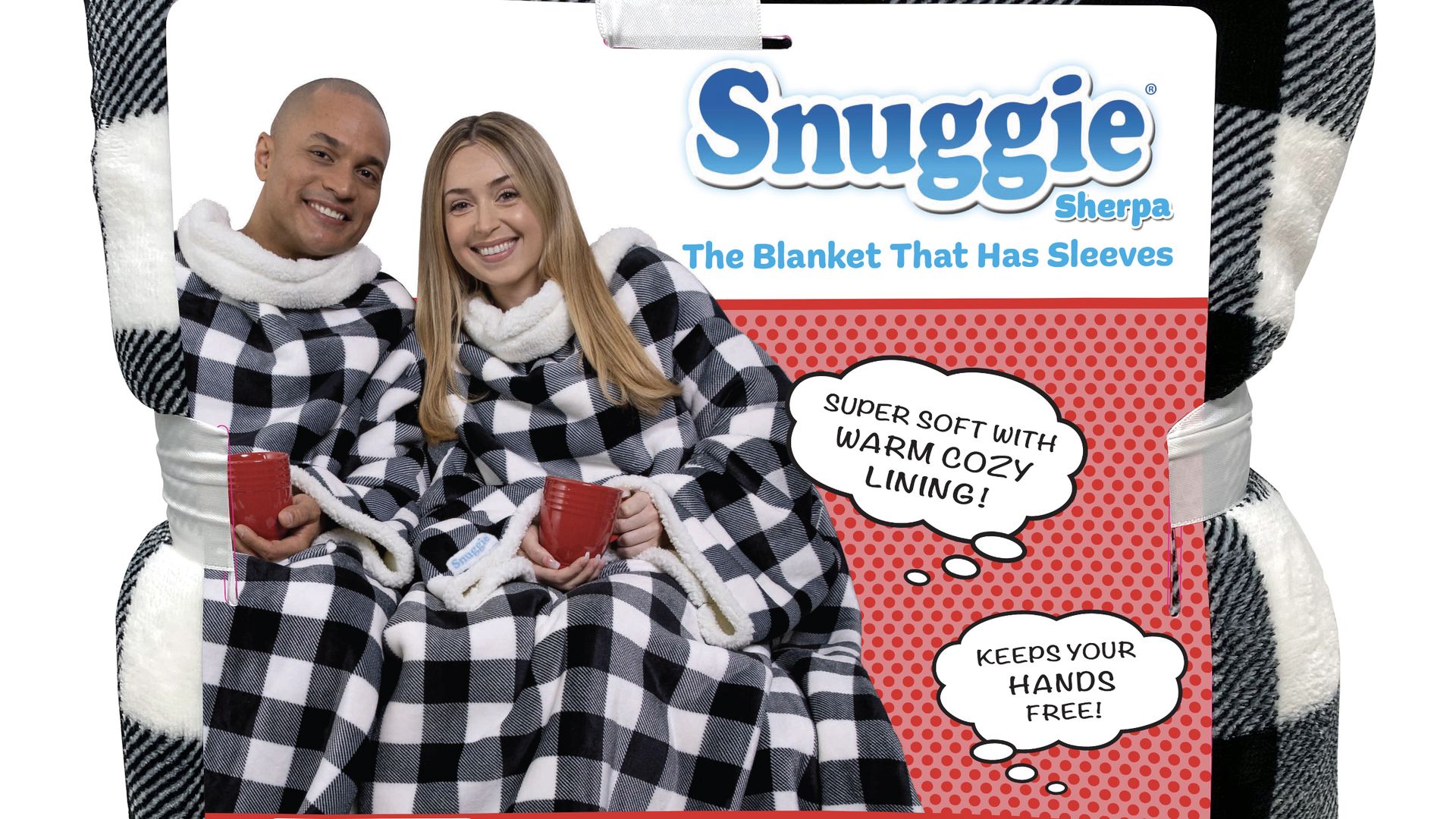 A black, white and gray plaid blanket, with a Snuggie label which features a photo of a couple wearing the product.