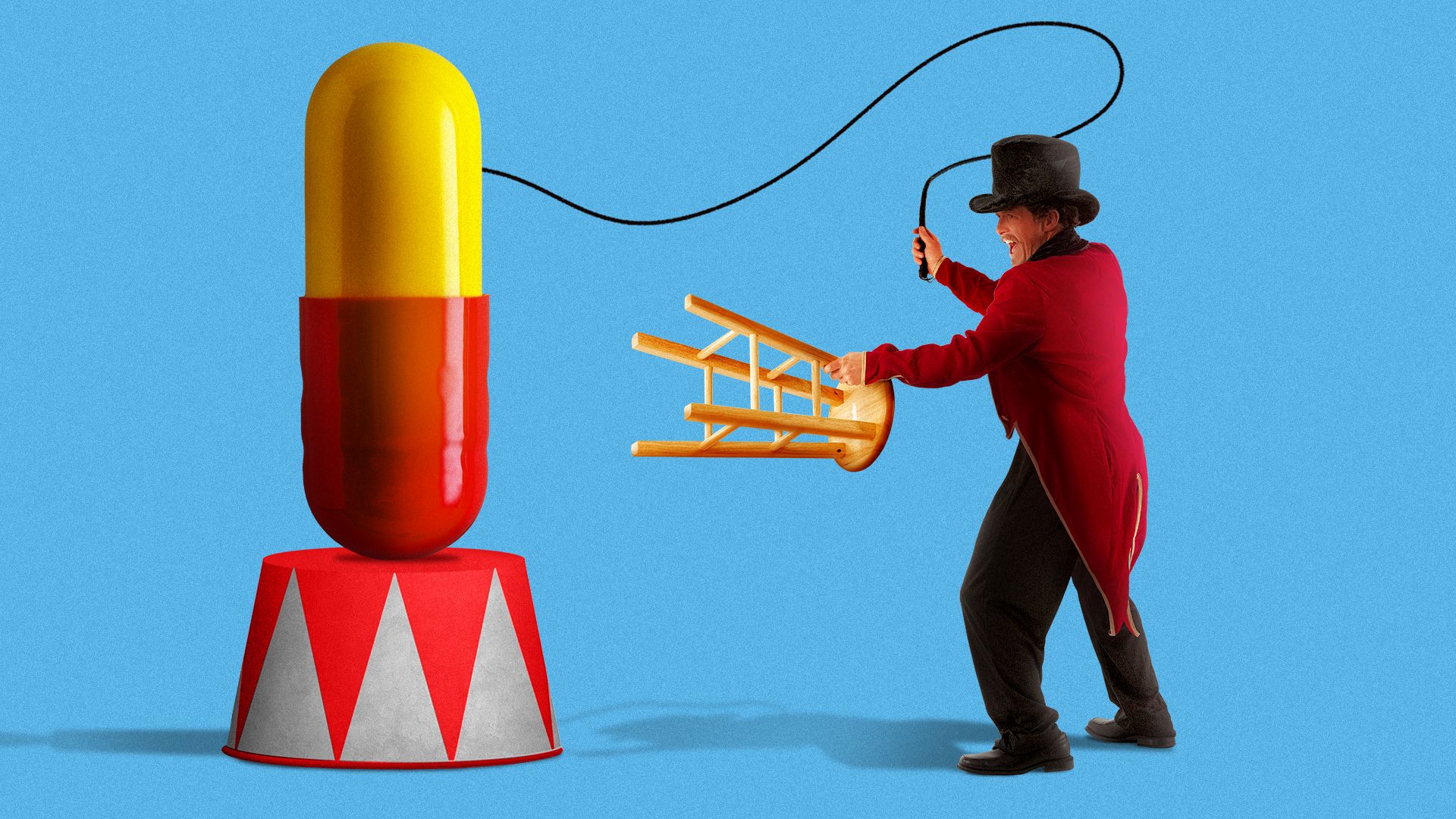 Illustration of a lion tamer holding a whip and chair pointed at a giant pill on a pedestal.