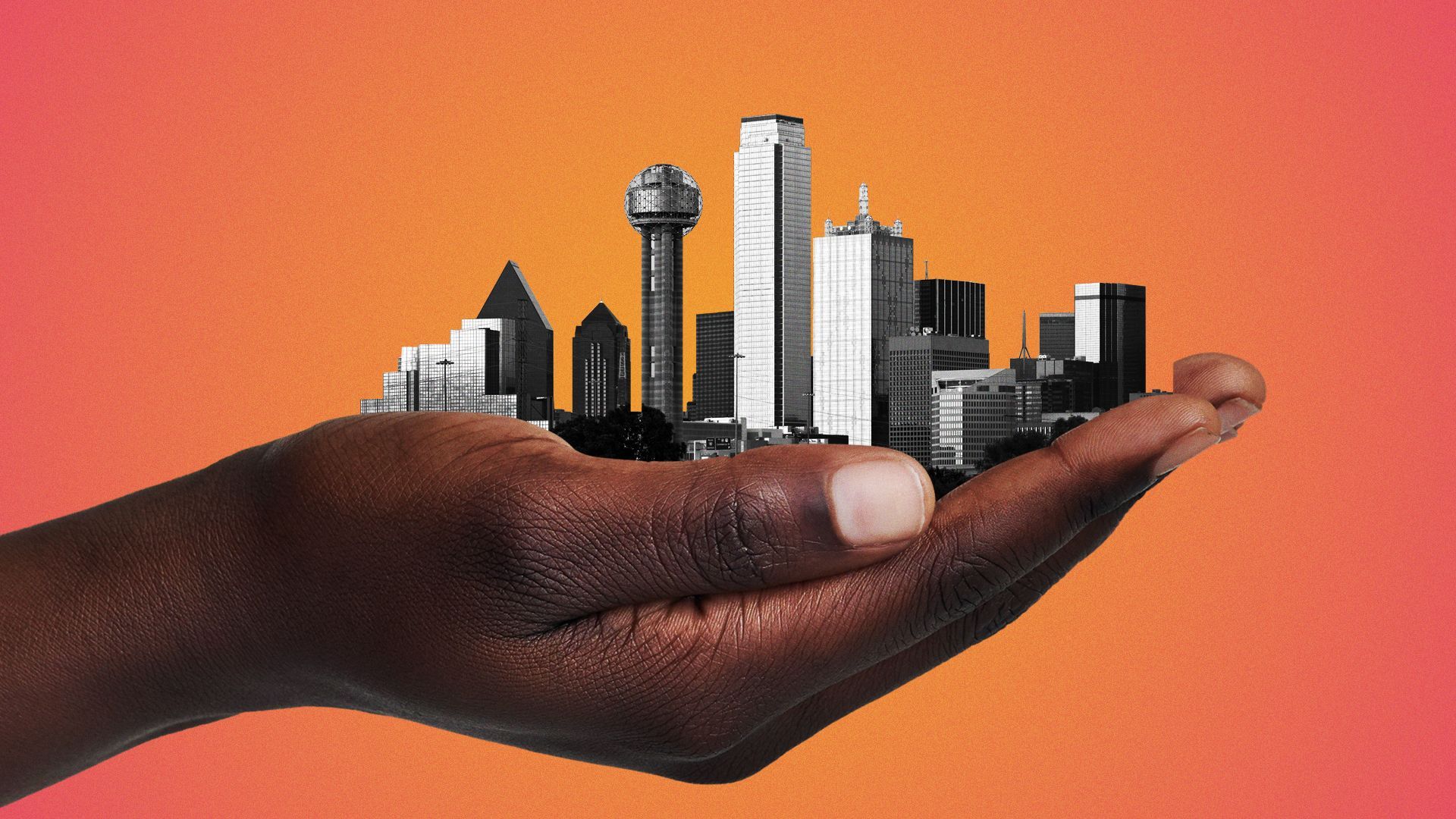 Illustration of a Black woman's hands holding the city of Dallas.