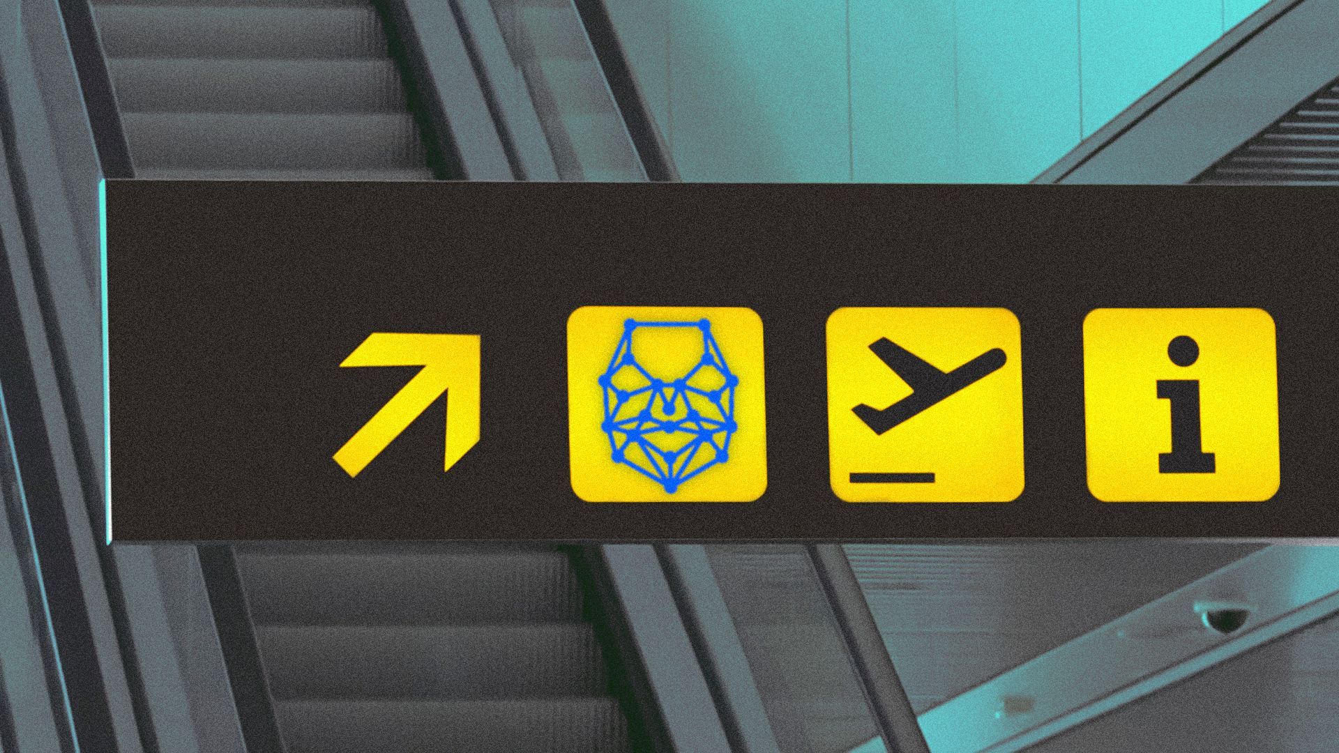 Illustration of an airport direction sign with a diagonal upward arrow, a facial recognition face grid icon, a departure plane icon and an information icon.