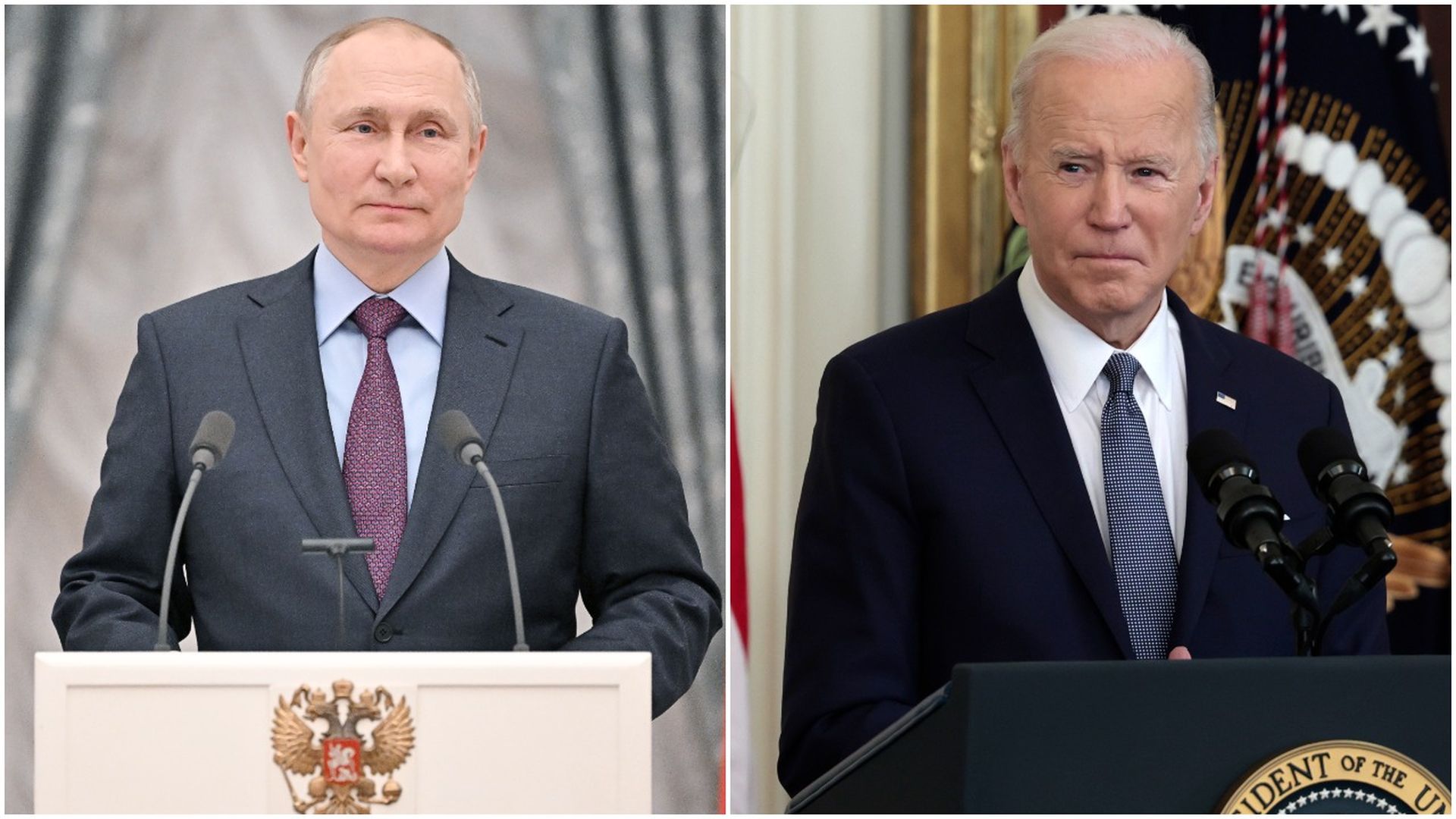 Photo of Vladimir Putin speaking on the left and Joe Biden speaking on the right