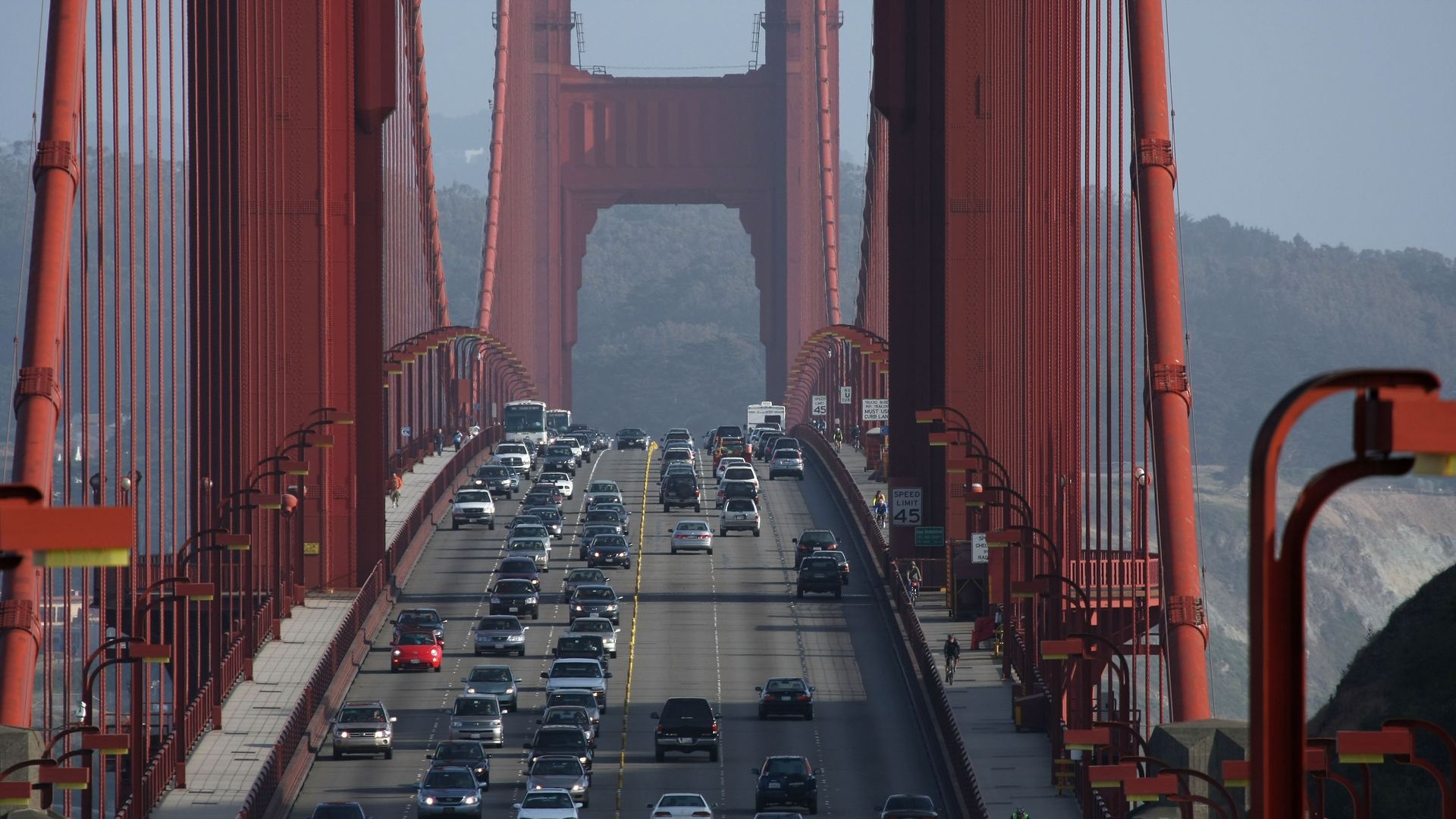 Cars drive northbound on the Golden Gate Bridge May, 8, 2008 in Sausalito, California. 