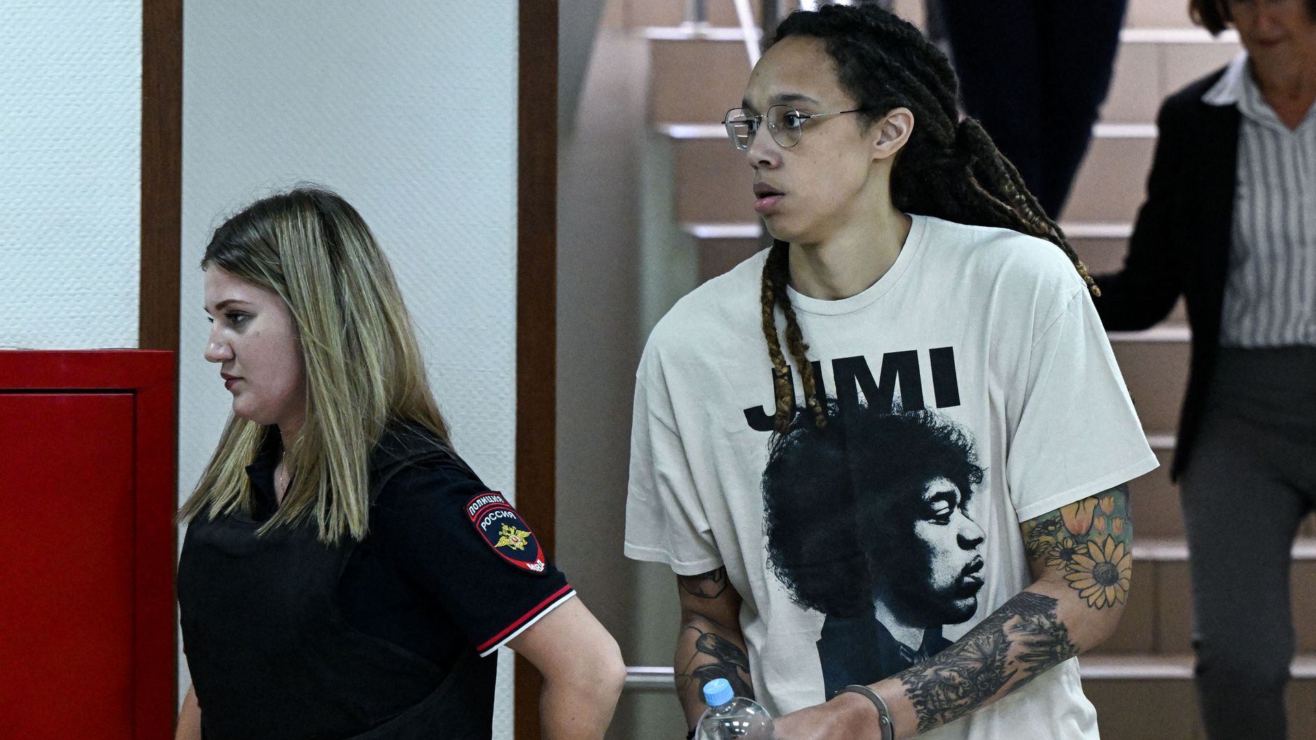 WNBA basketball superstar Brittney Griner arrives to a hearing at the Khimki Court, outside Moscow on July 1, 2022.