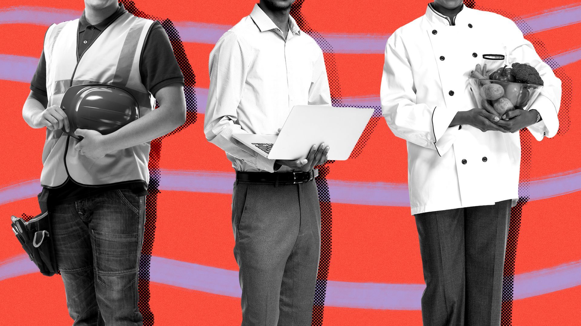 Illustration of a construction worker, programmer and chef.