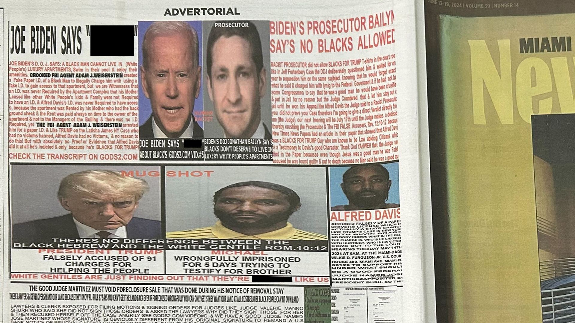 A copy of the Miami New Times featuring a political ad with photos of President Biden and former President Trump.