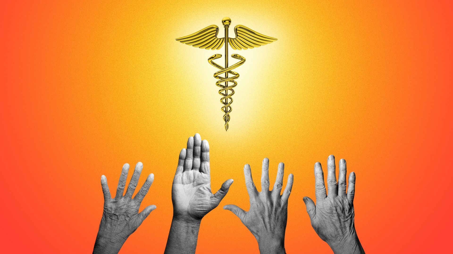Illustration of senior hands reaching up towards a caduceus.