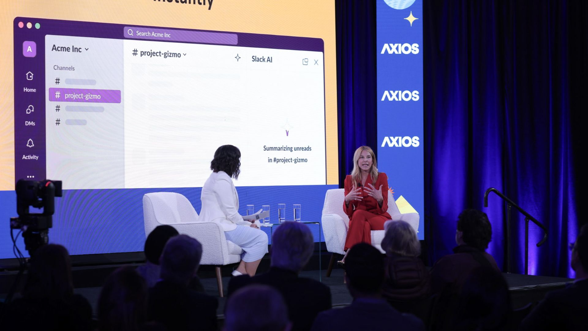 Photo of Denise Dresser and Hope King on stage at Axios What's Next Summit