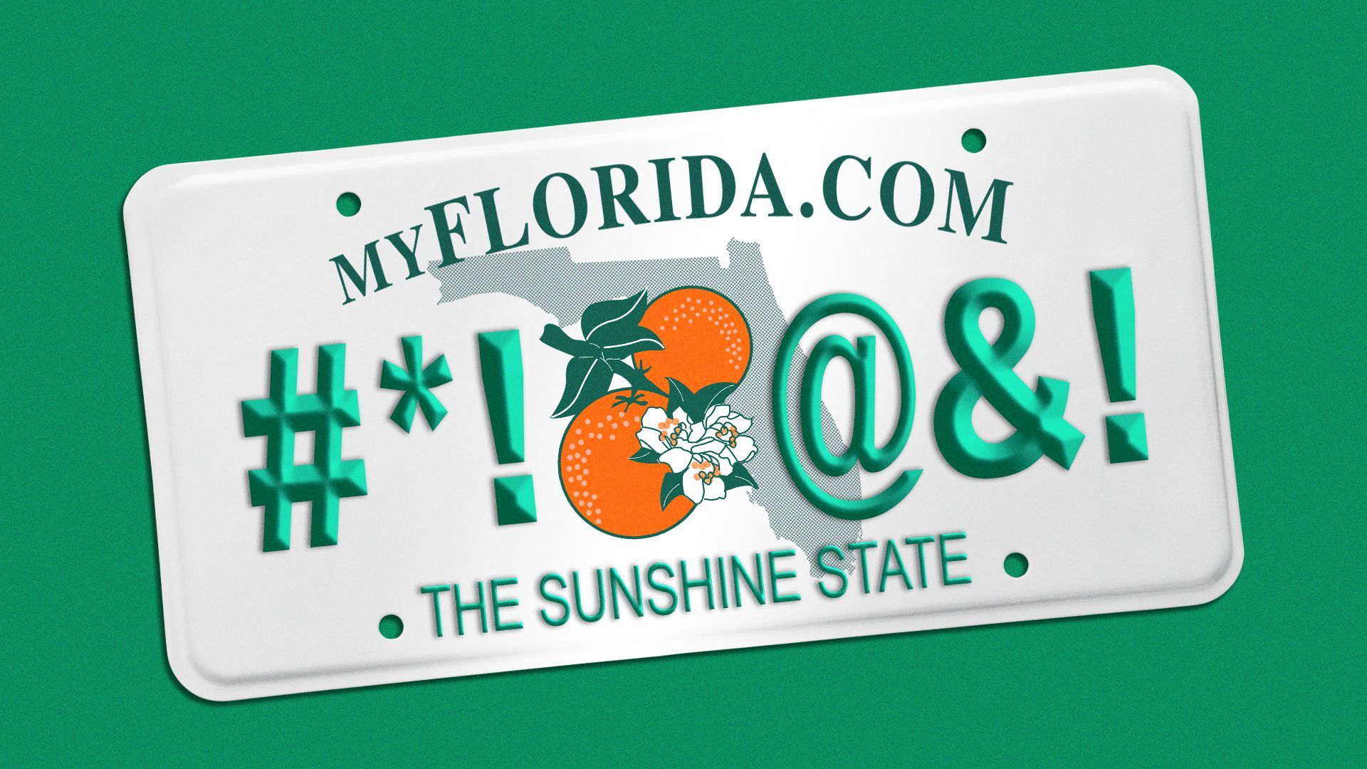 Illustration of a Florida vanity license plate with symbols implying a swear word.