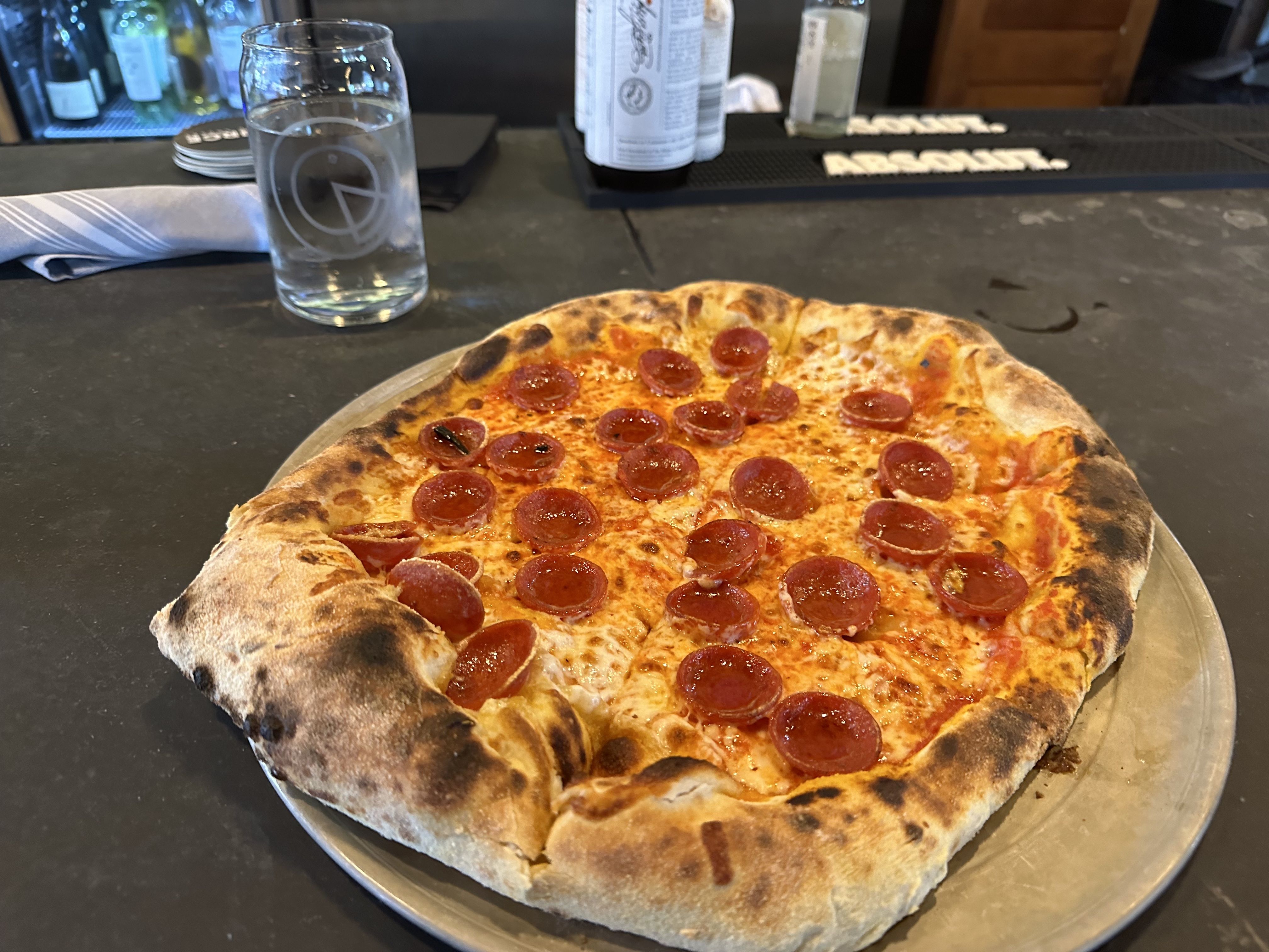 A pepperoni pizza from Source in Cambridge.