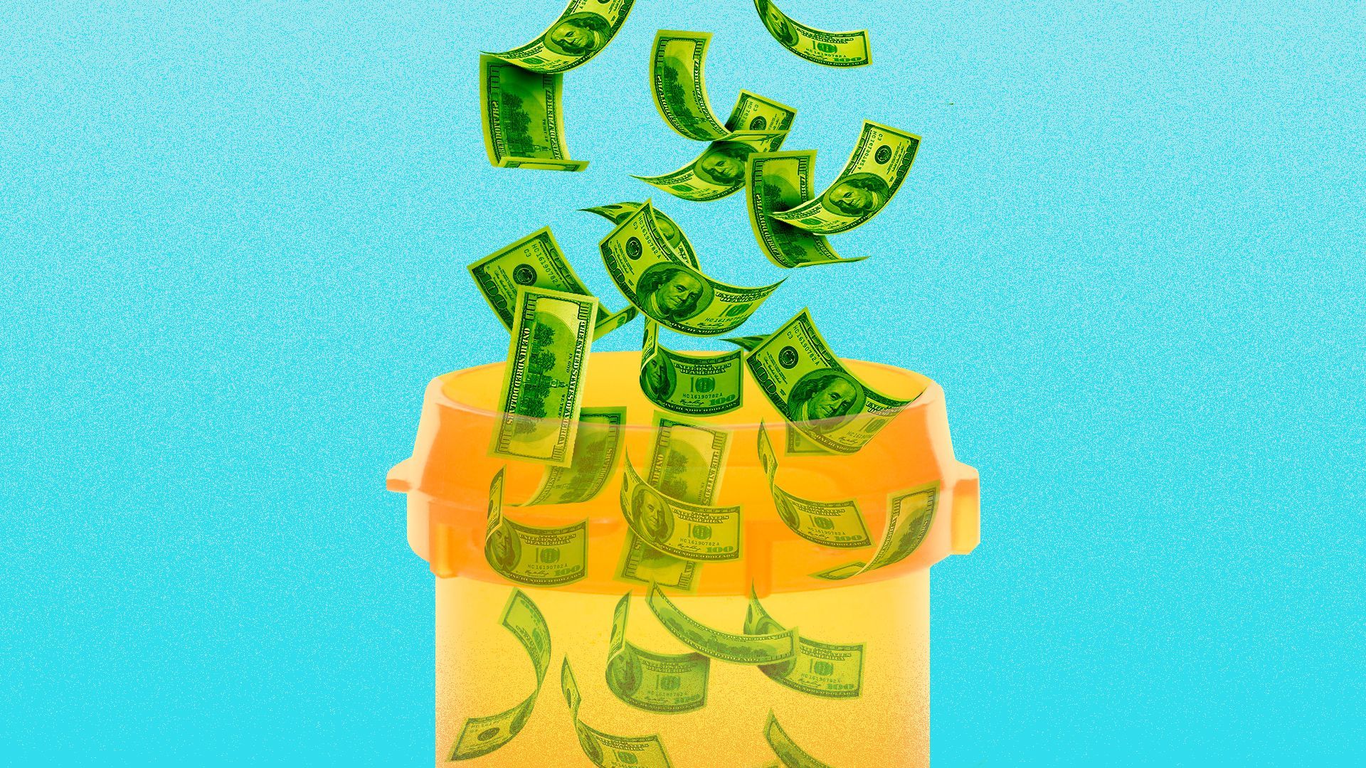 Illustration of money pouring into a prescription bottle.