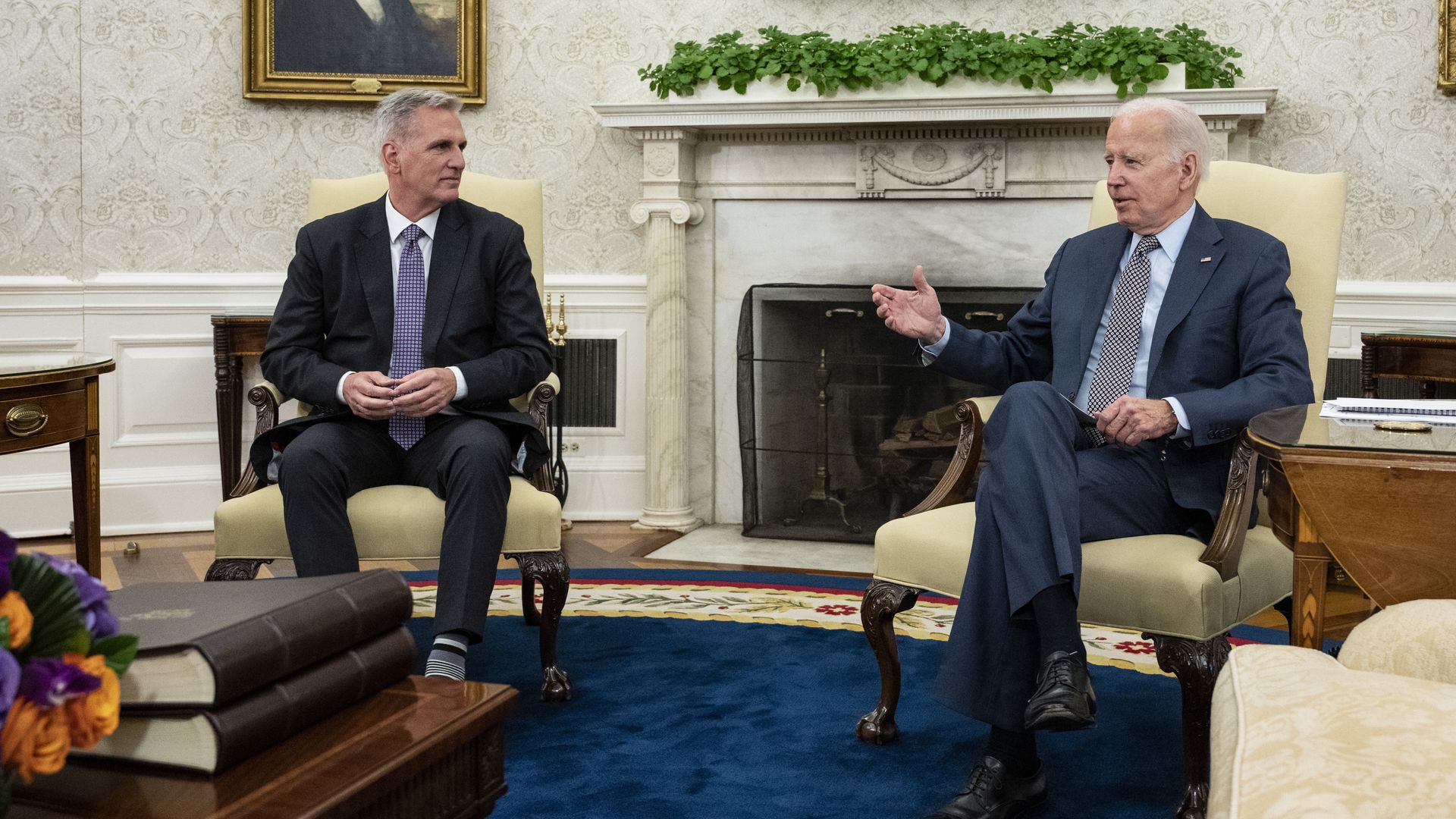 President Joe Biden meets with House Speaker Kevin McCarthy (R-CA) in the Oval Office of the White House on May 22, 2023 in Washington, DC. 