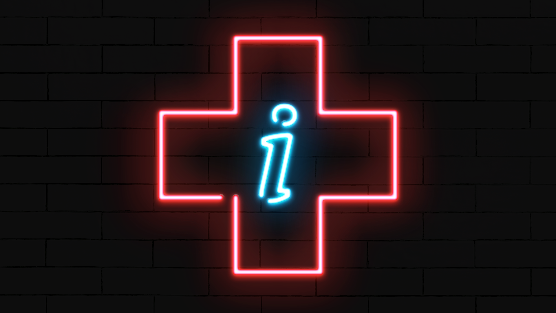 Illustration of a neon sign in the shape of a health plus with an information "i" in the center.