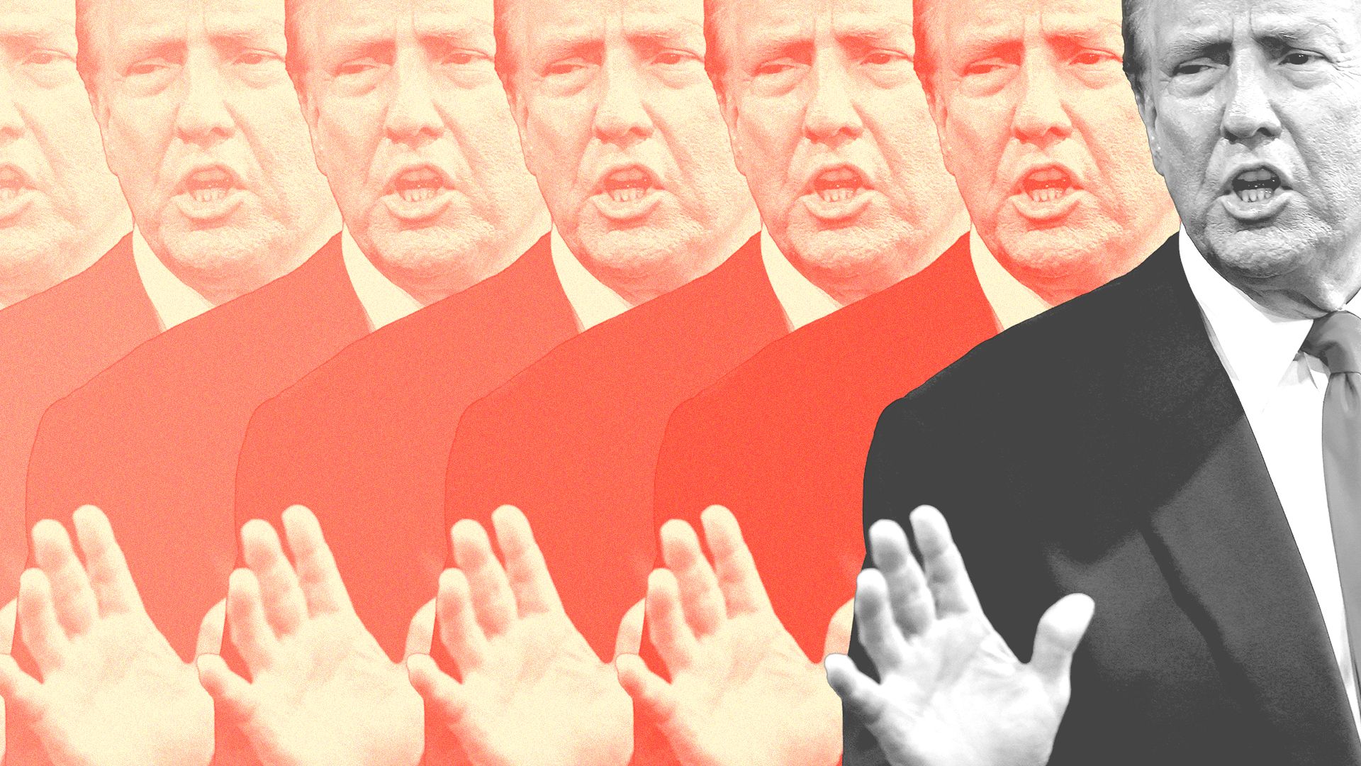 Photo illustration of multiple images of Donald Trump, fading to the left.