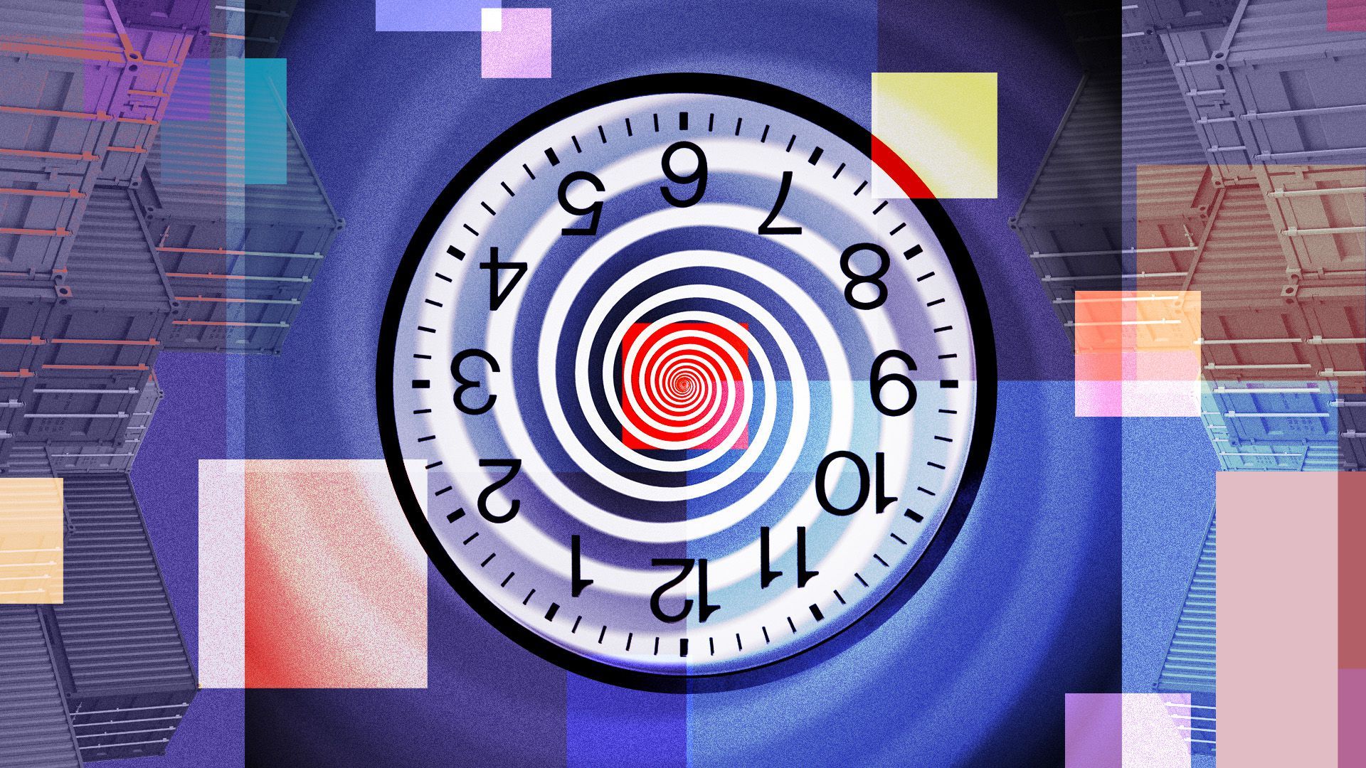 Illustration of an upside down clock surrounded by freight containers.