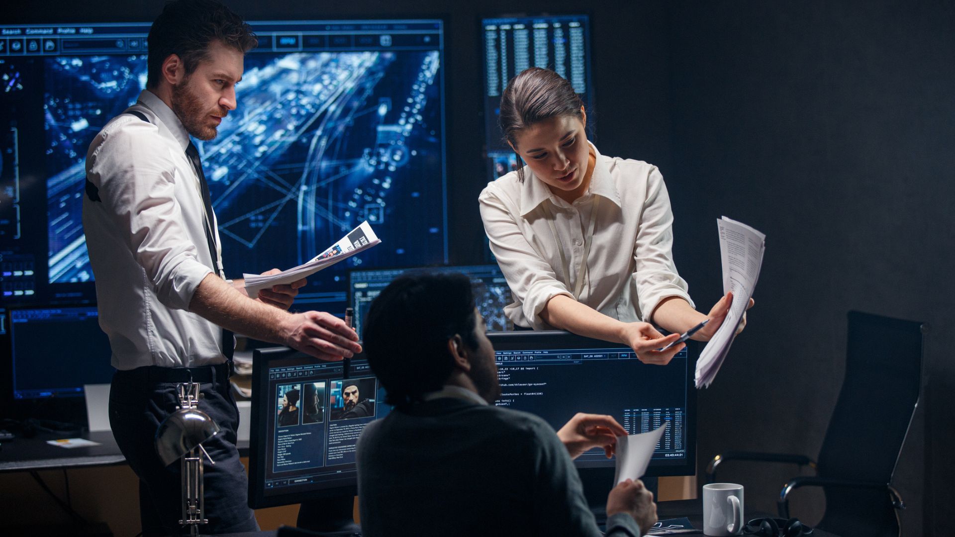 Three professionals in a dimly lit control room with multiple screens showing code, profiles, and data, engaged in reviewing documents and discussing information.