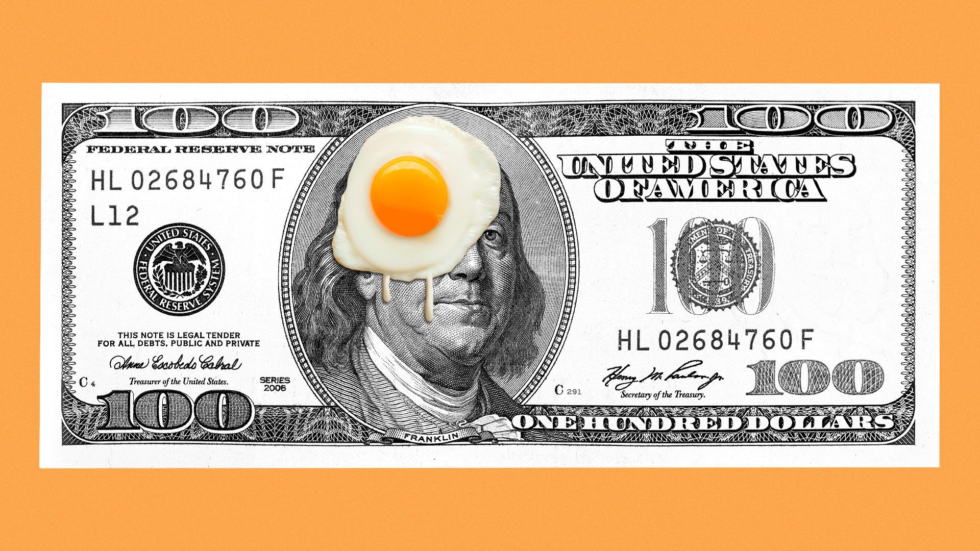 Illustration of a hundred dollar bill featuring Benjamin Franklin with egg on his face