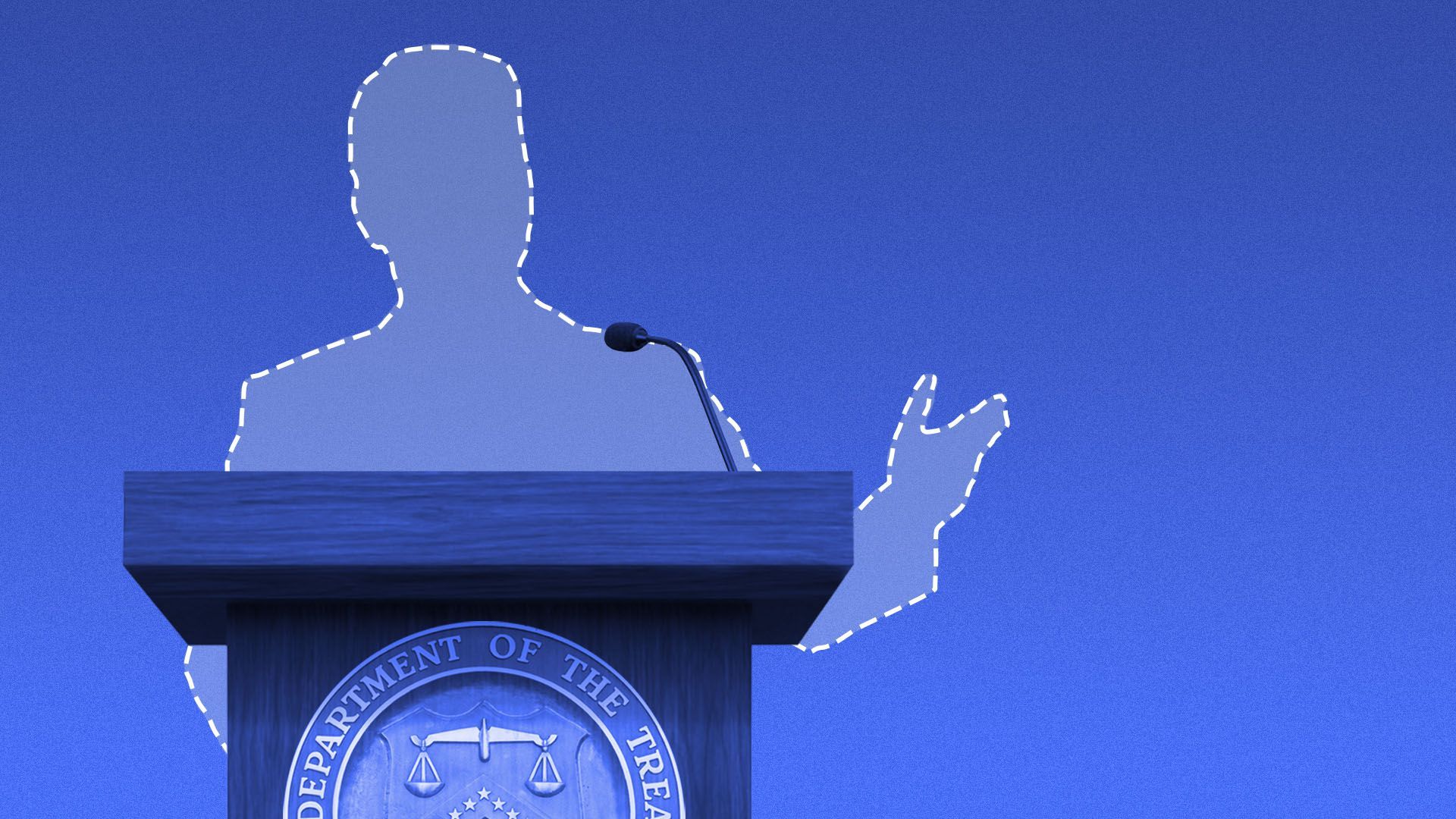 Illustration of an anonymous person standing behind a podium with the Department of Treasury