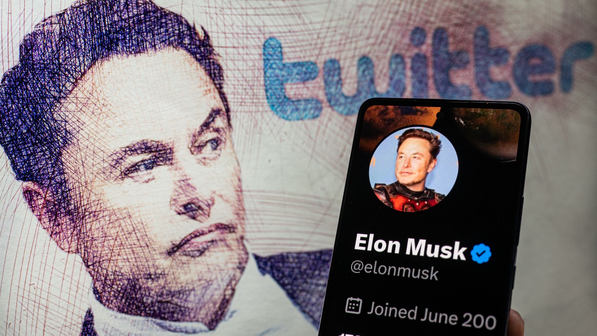Elon Musk Twitter account seen on Mobile with Elon Musk in the background on screen, seen in this photo illustration. On 19 February 2023 in Brussels, Belgium. 