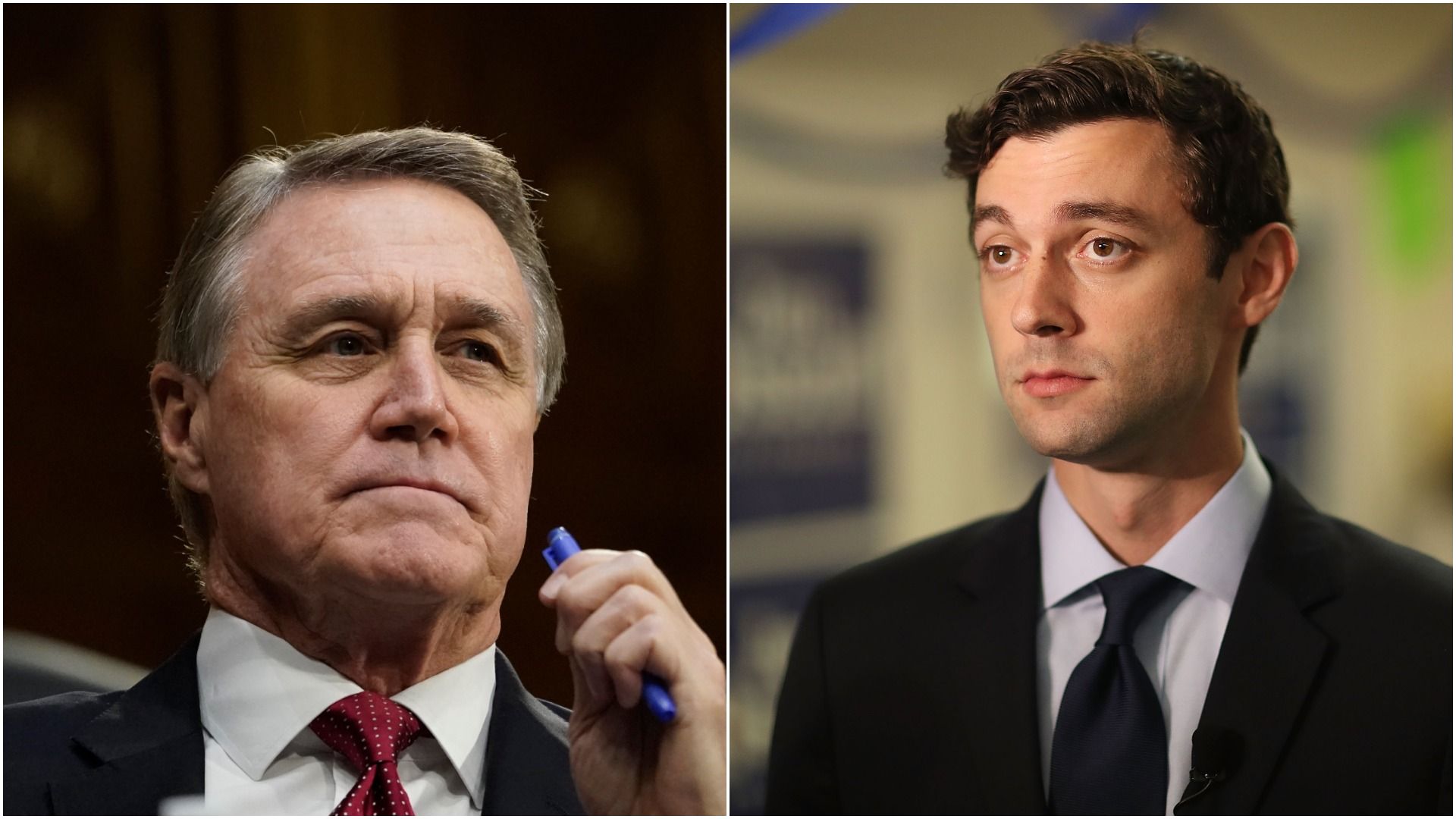 Perdue and Ossoff in split screens.
