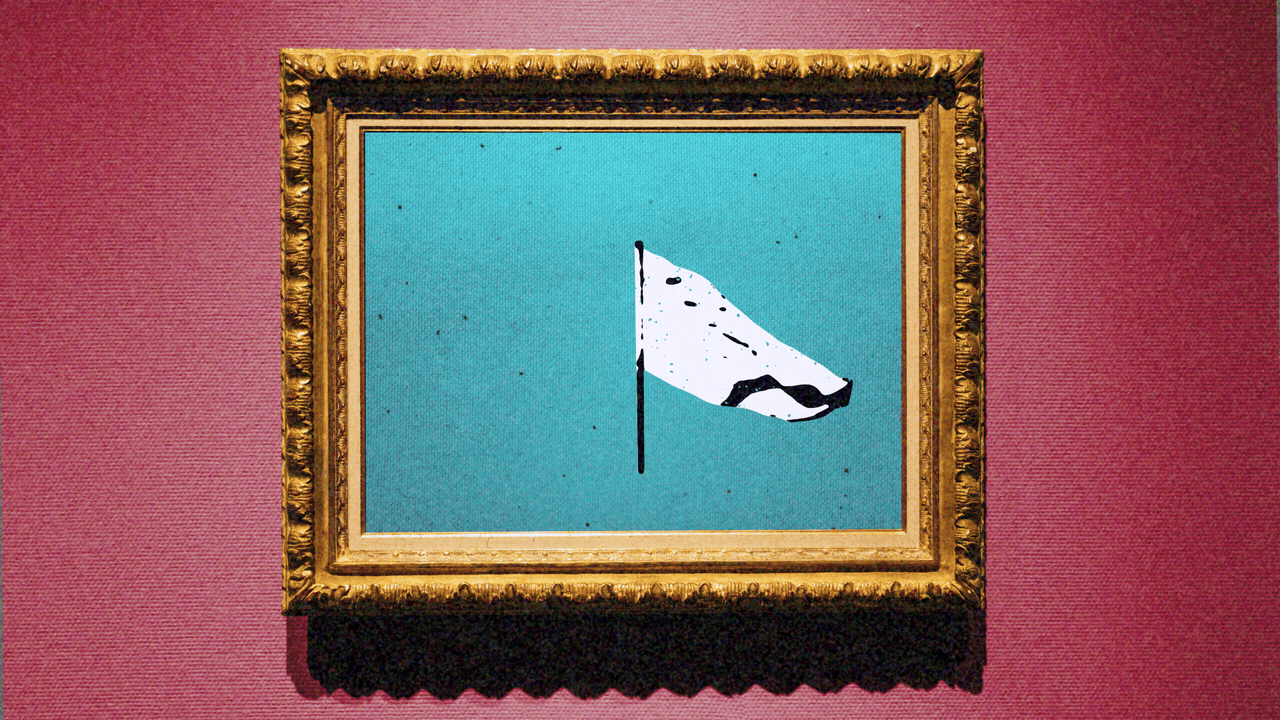 Animated illustration of a framed piece of art hanging on a wall, with a moving image of a waving white flag on the canvas.