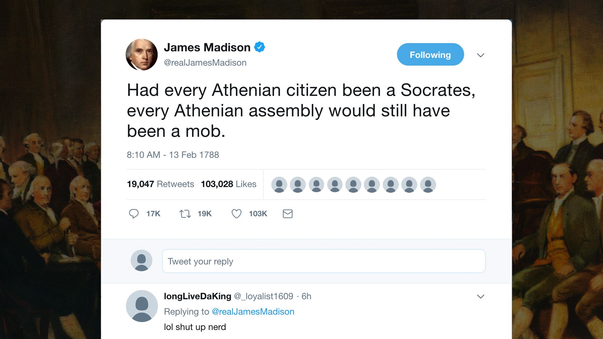 Illustration of tweet by James Madison