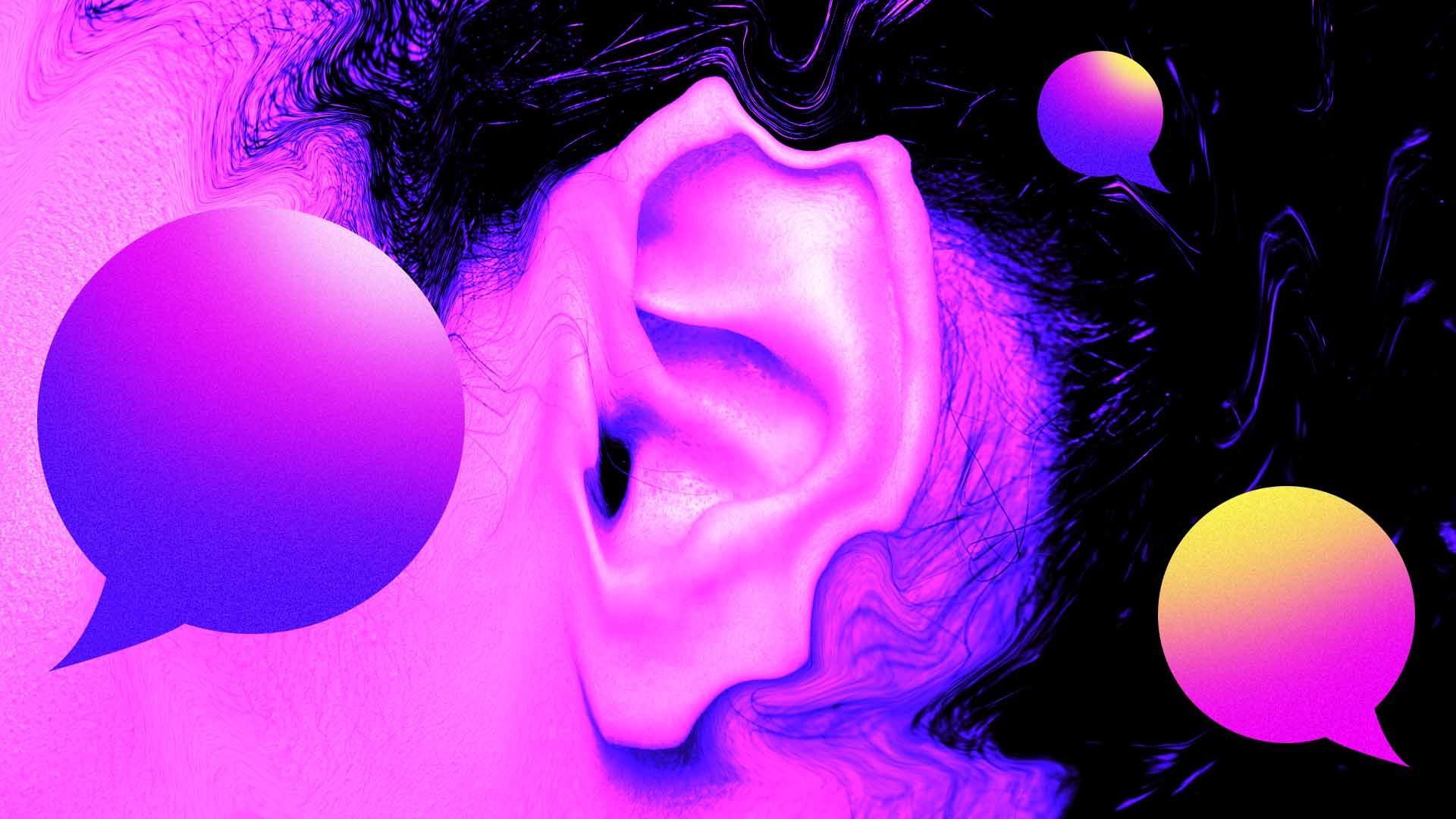 Illustration of a distorted ear with speech bubbles surrounding it