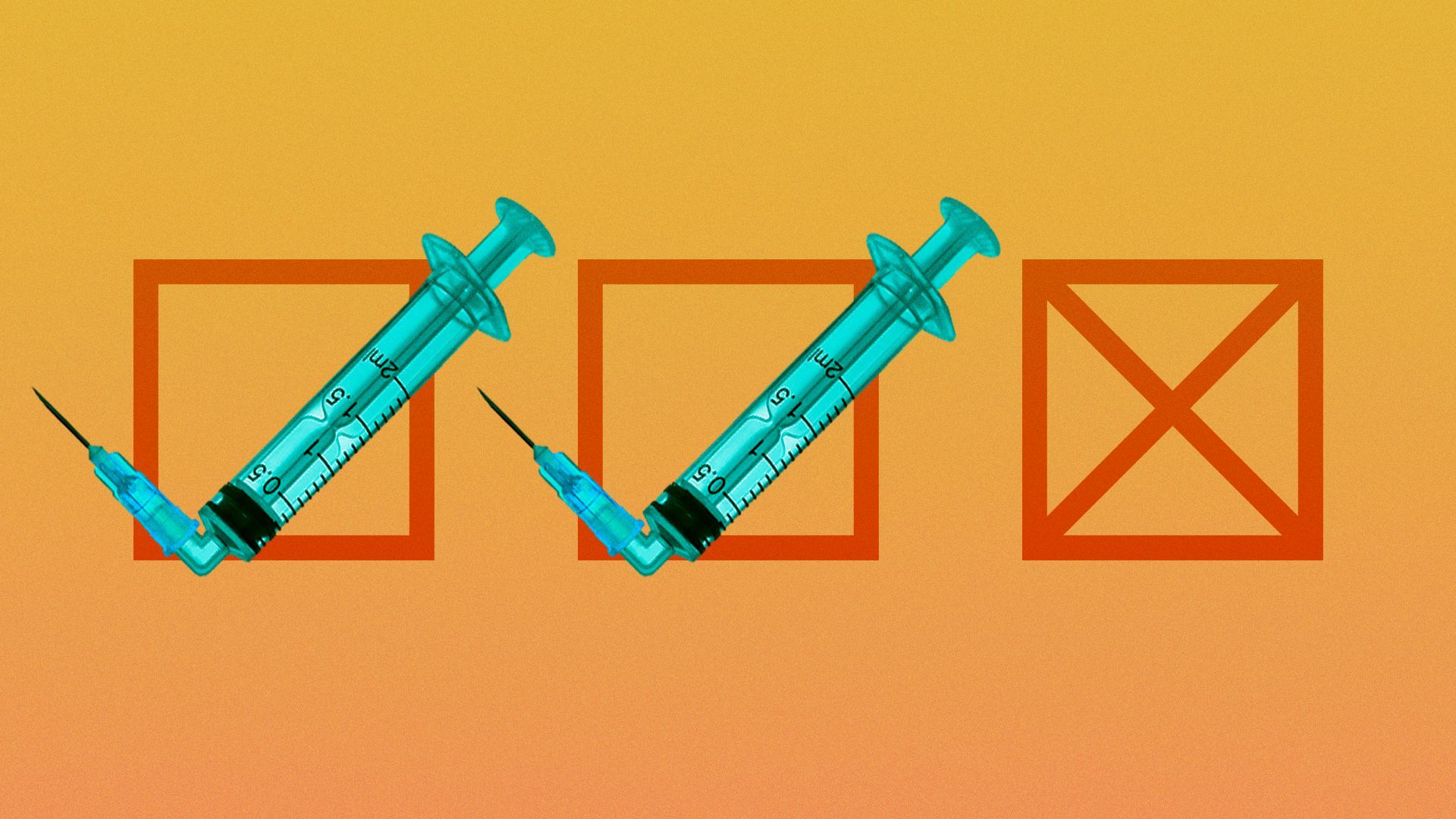 Illustration of the first two boxes have a checkmark made of a syringe, and the third box has a large X in the middle.