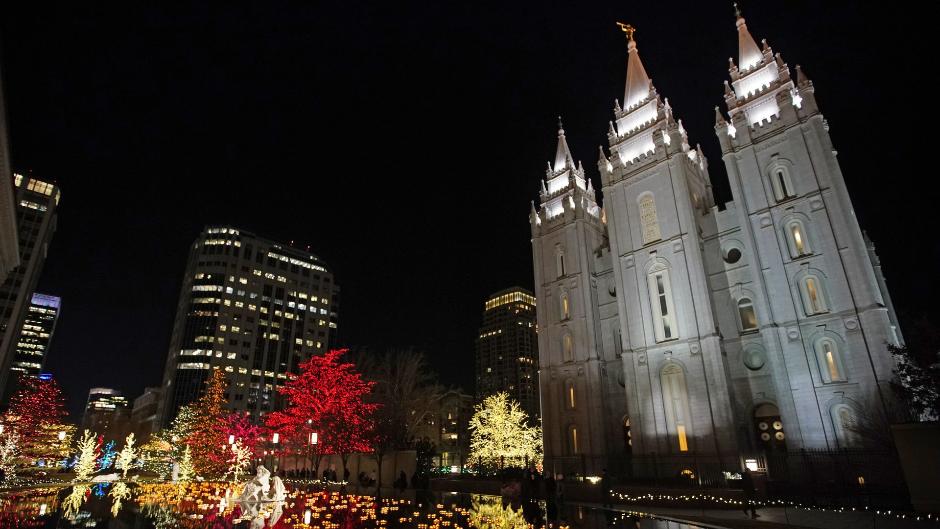 The Church of Jesus Christ of Latter-day Saints temple in Salt Lake City during the nighttime.