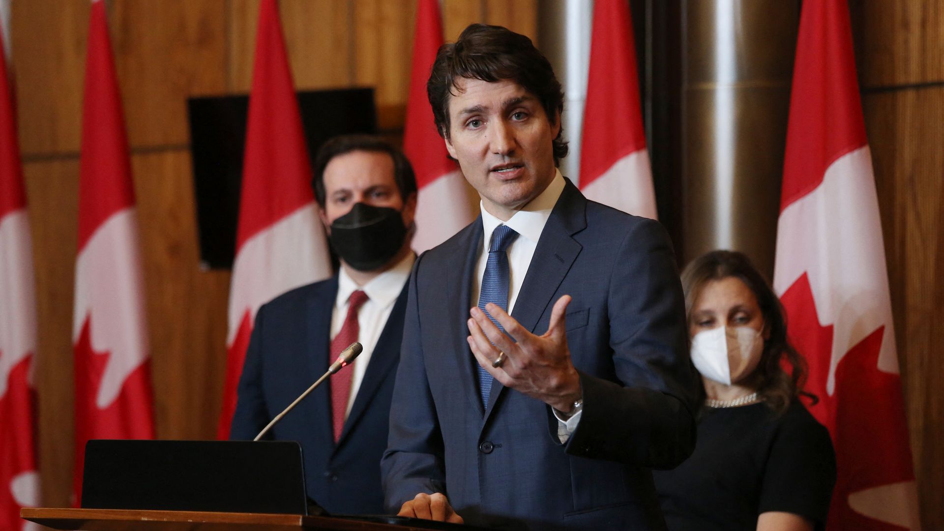Canadian Prime Minister Justin Trudeau speaks during a news conference in Ottawa, Ontario, Canada, on February 21.