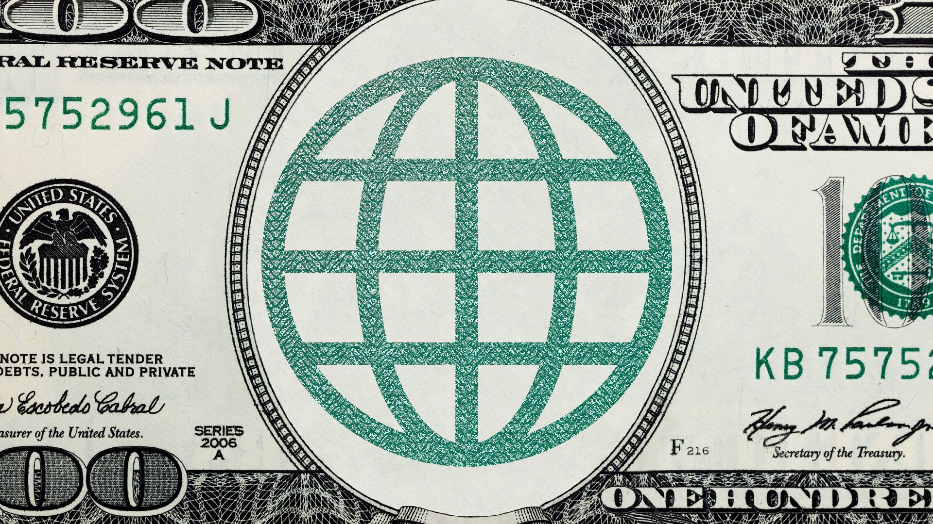 Illustration of a hundred dollar bill with an internet symbol in the center