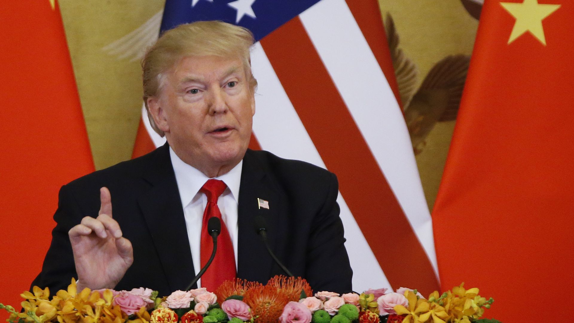 President Donald Trump and China's President Xi Jinping (not shown) make a joint statement at the Great Hall of the People on November 9, 2017 in Beijing, China. 