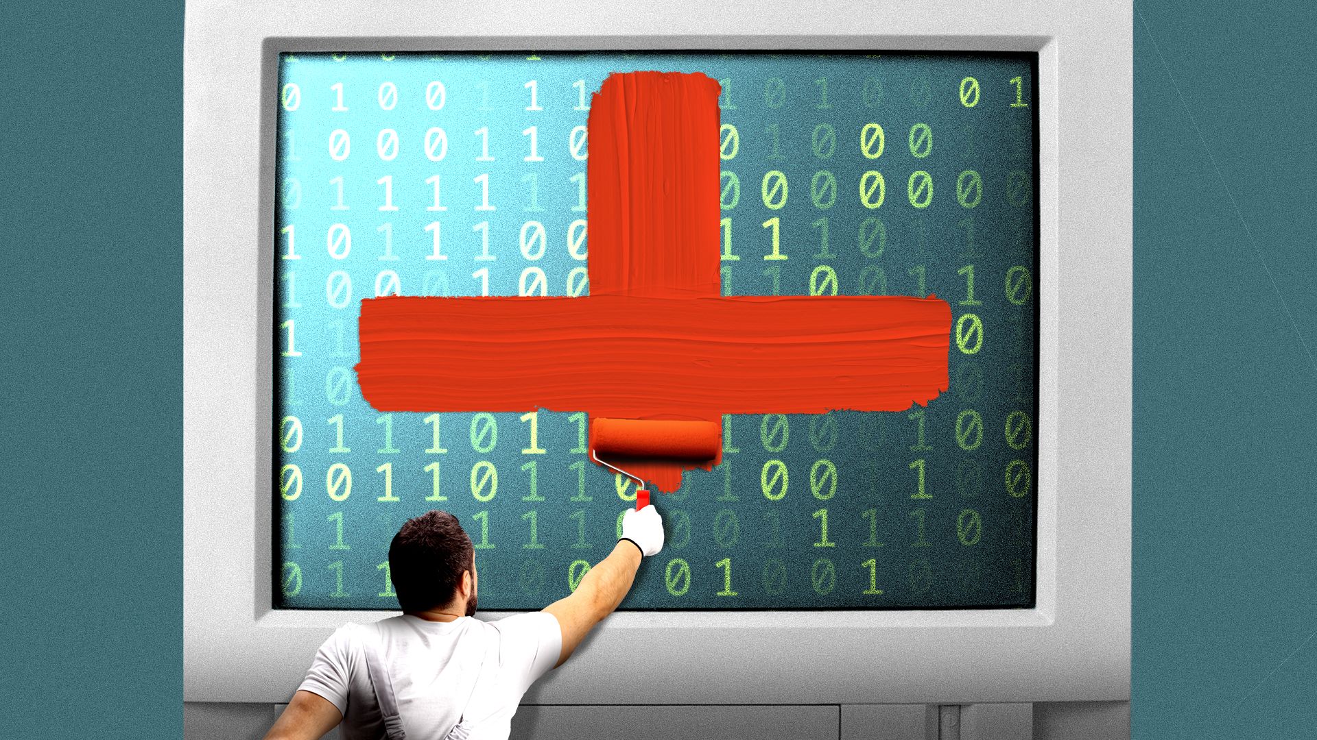Illustration of a small painter painting a red cross on a computer screen with binary code