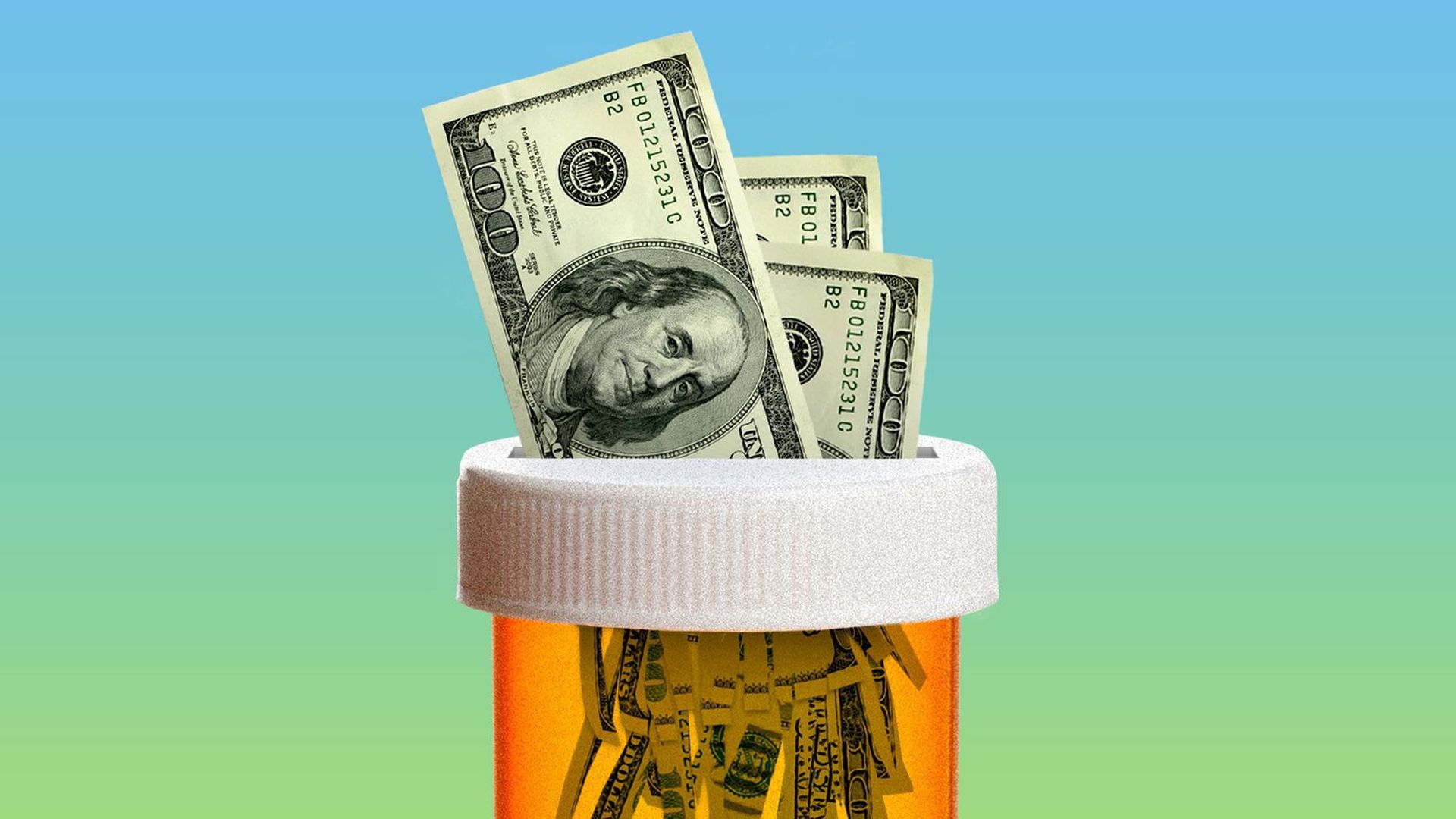 A pill bottle with money popping through its cap.
