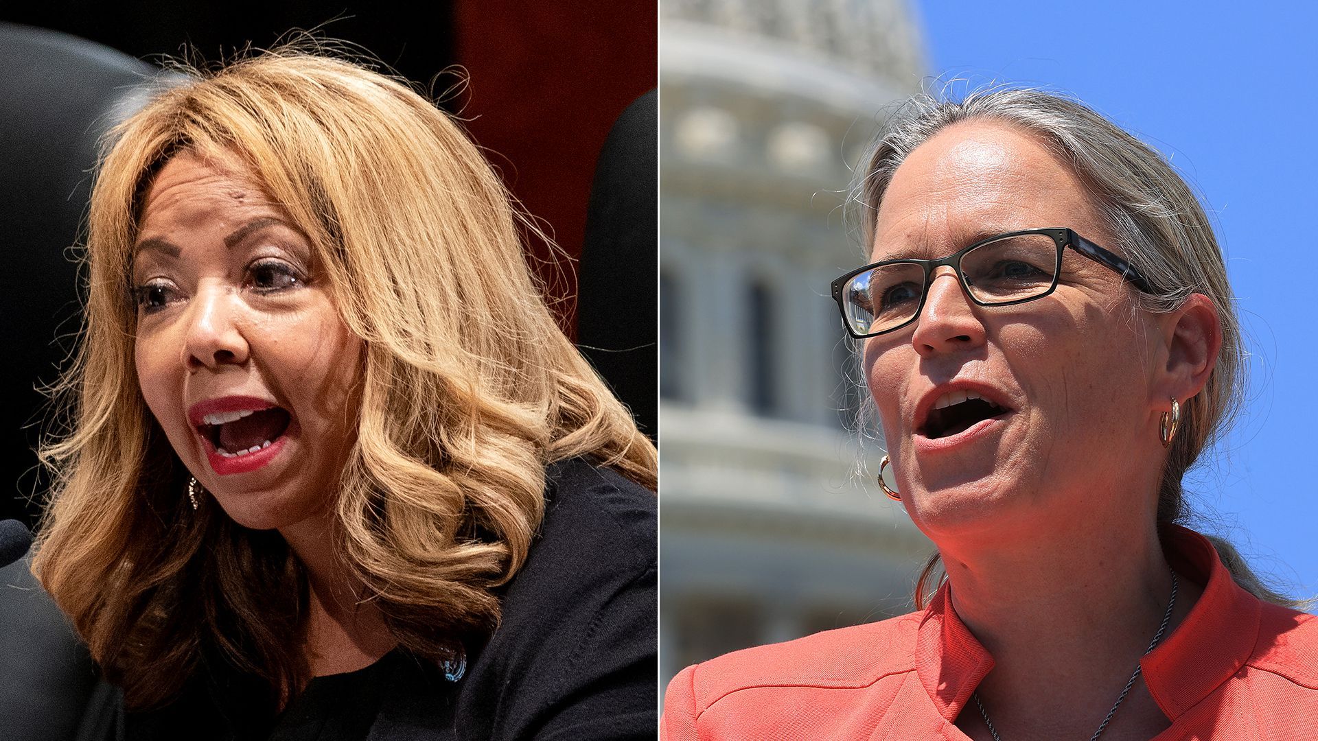 side-by-side images of Lucy McBath and Carolyn Bourdeaux, both in mid-sentence