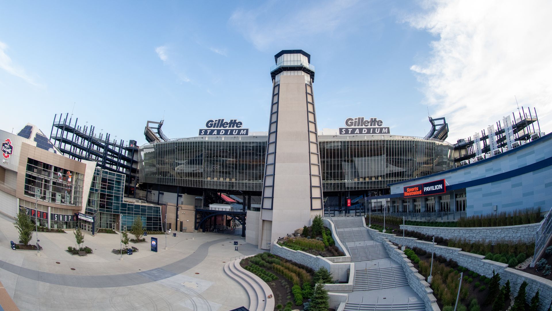 The front entrance of Gillette Stadium in Foxborough, Massachusetts.