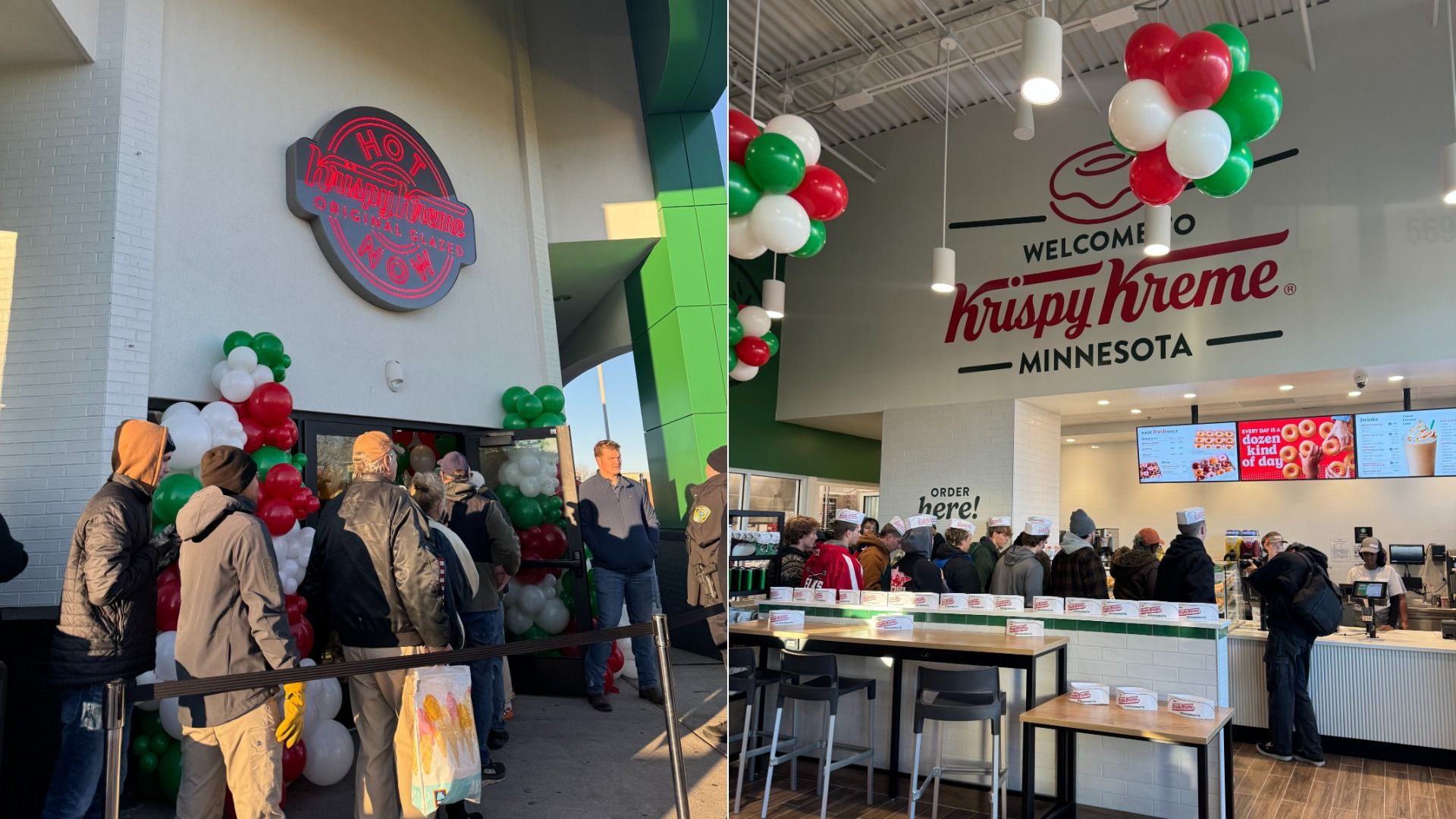 People waiting in line outside and inside a Krispy Kreme store decorated with red, white, and green balloons, with signs reading "Hot Now" and "Welcome to Krispy Kreme Minnesota."